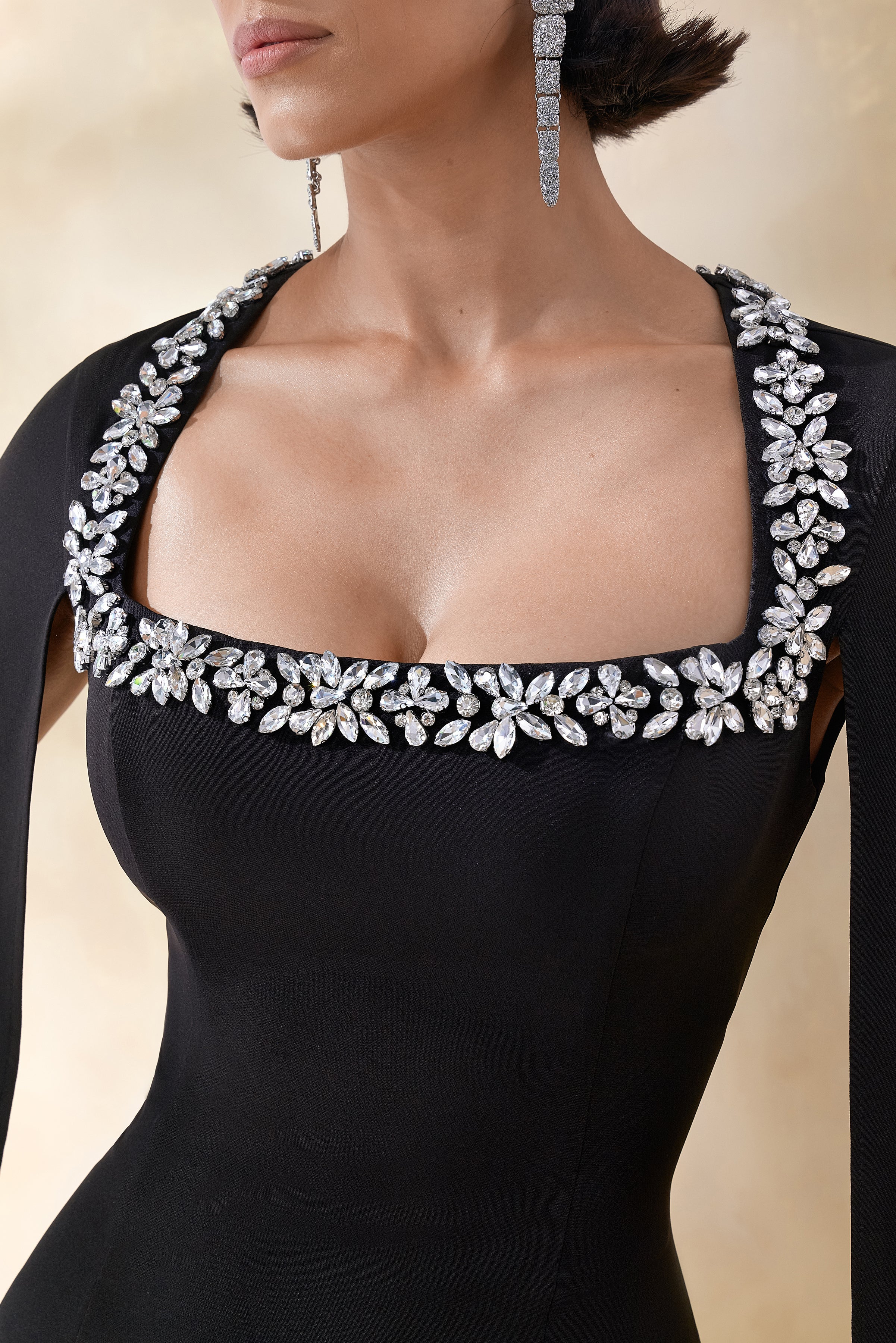 Glossy | Black Woven Square-Neck Maxi Dress With Cape Sleeves and Hand-Embellished Detail