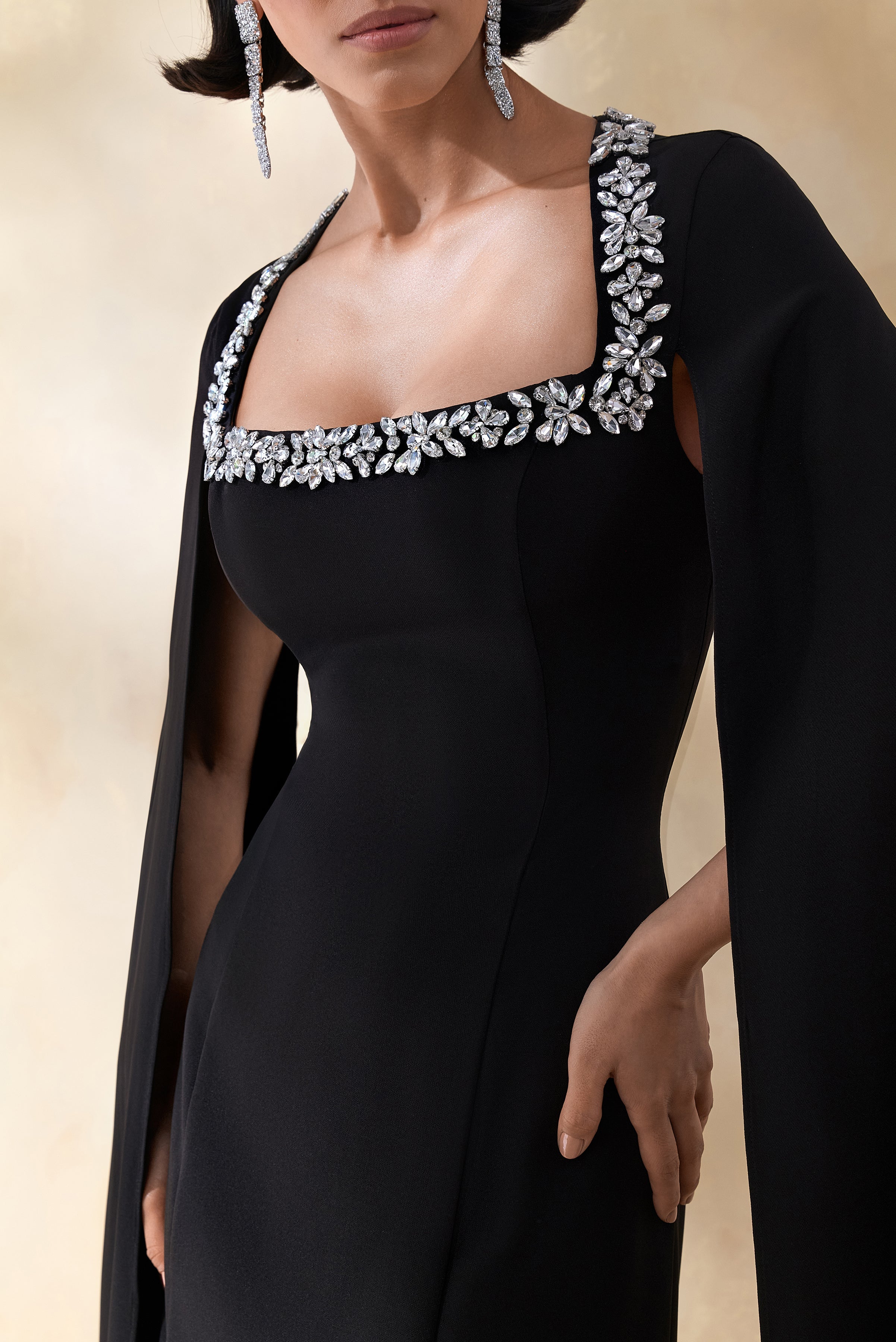 Glossy | Black Woven Square-Neck Maxi Dress With Cape Sleeves and Hand-Embellished Detail