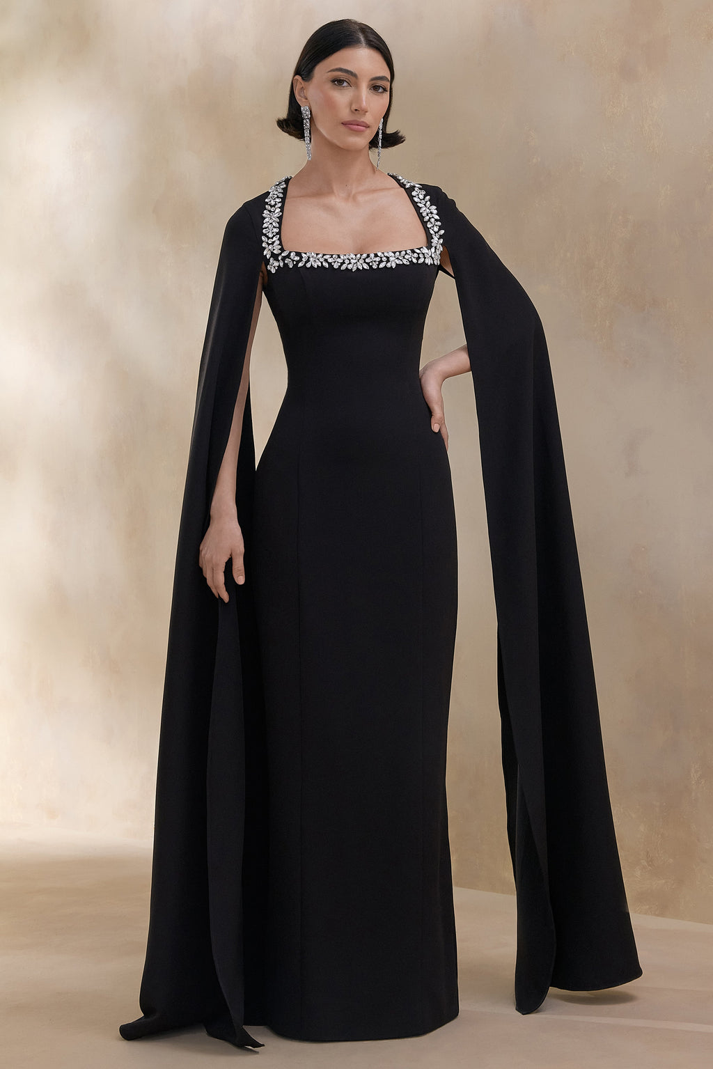 Glossy | Black Woven Square-Neck Maxi Dress With Cape Sleeves and Hand-Embellished Detail