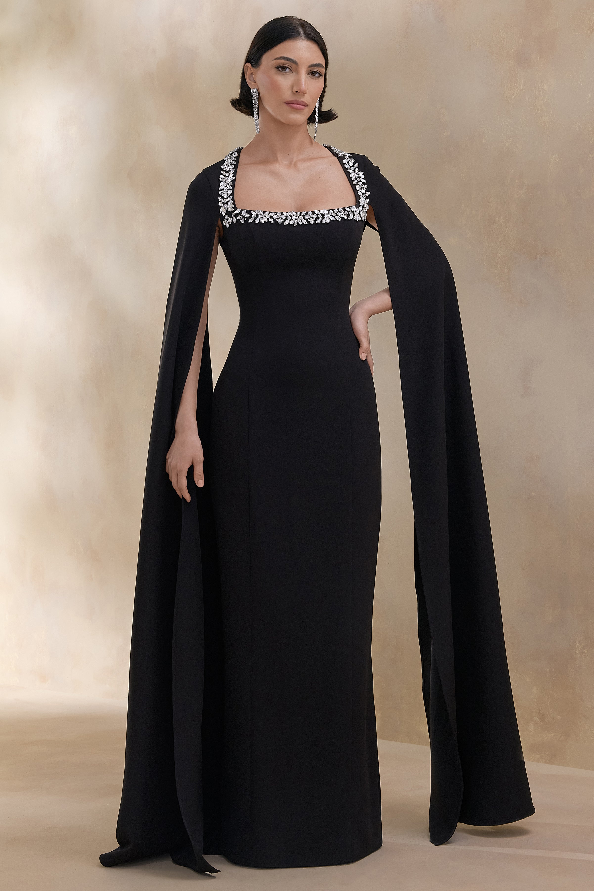 Glossy | Black Woven Square-Neck Maxi Dress With Cape Sleeves and Hand-Embellished Detail
