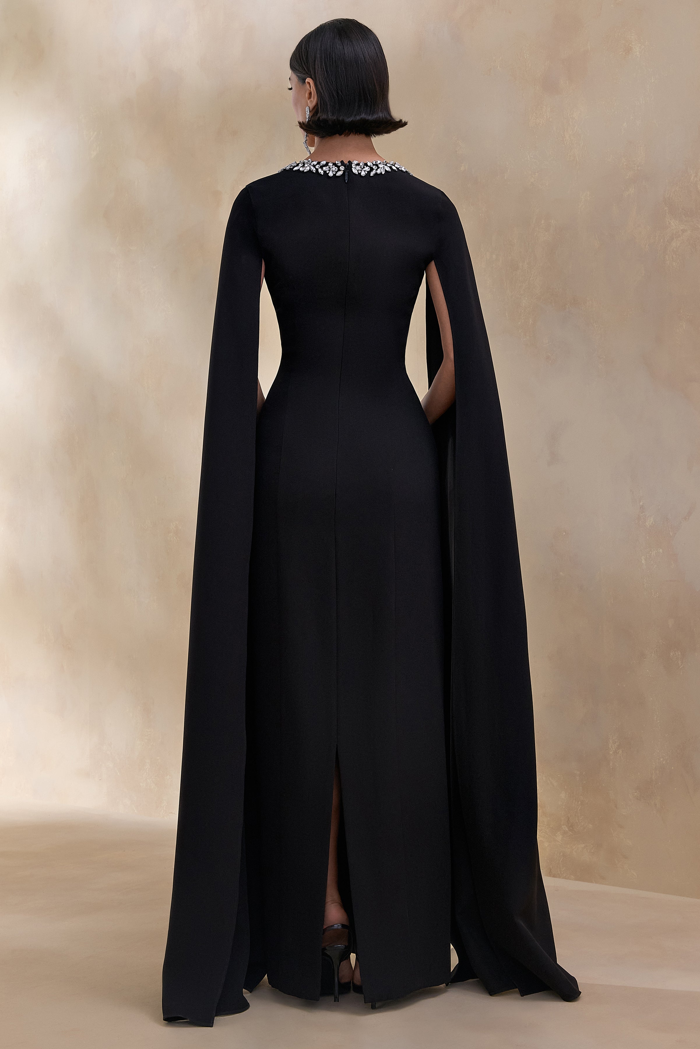 Glossy | Black Woven Square-Neck Maxi Dress With Cape Sleeves and Hand-Embellished Detail