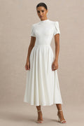 Vicky | White High Neck Midi Dress With Puff Sleeves