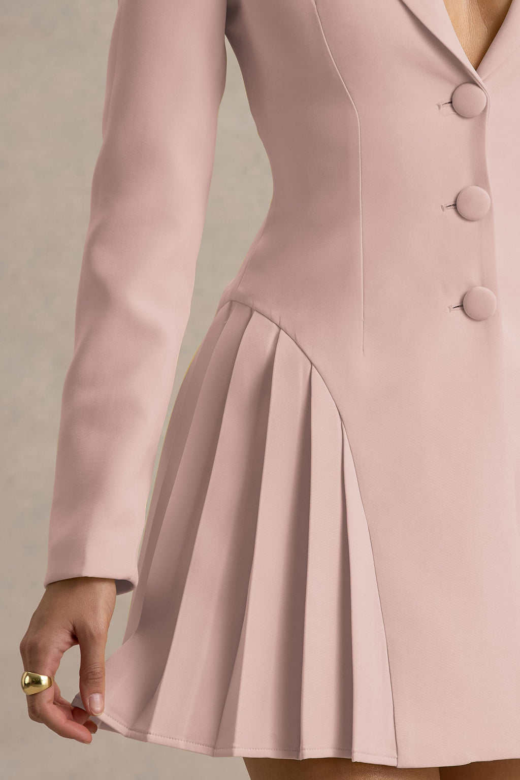 Blossoming | Baby Pink Plunge-Neck Tailored Mini Dress With Pleating