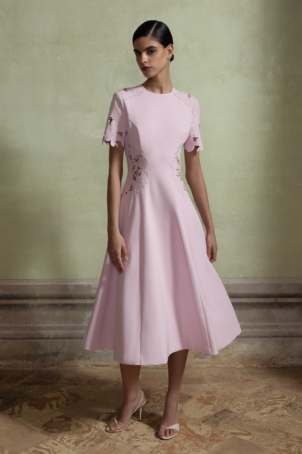 So Sweet | Pink Crew-Neck Midi Dress With Cut-Out Embroidered Detailing