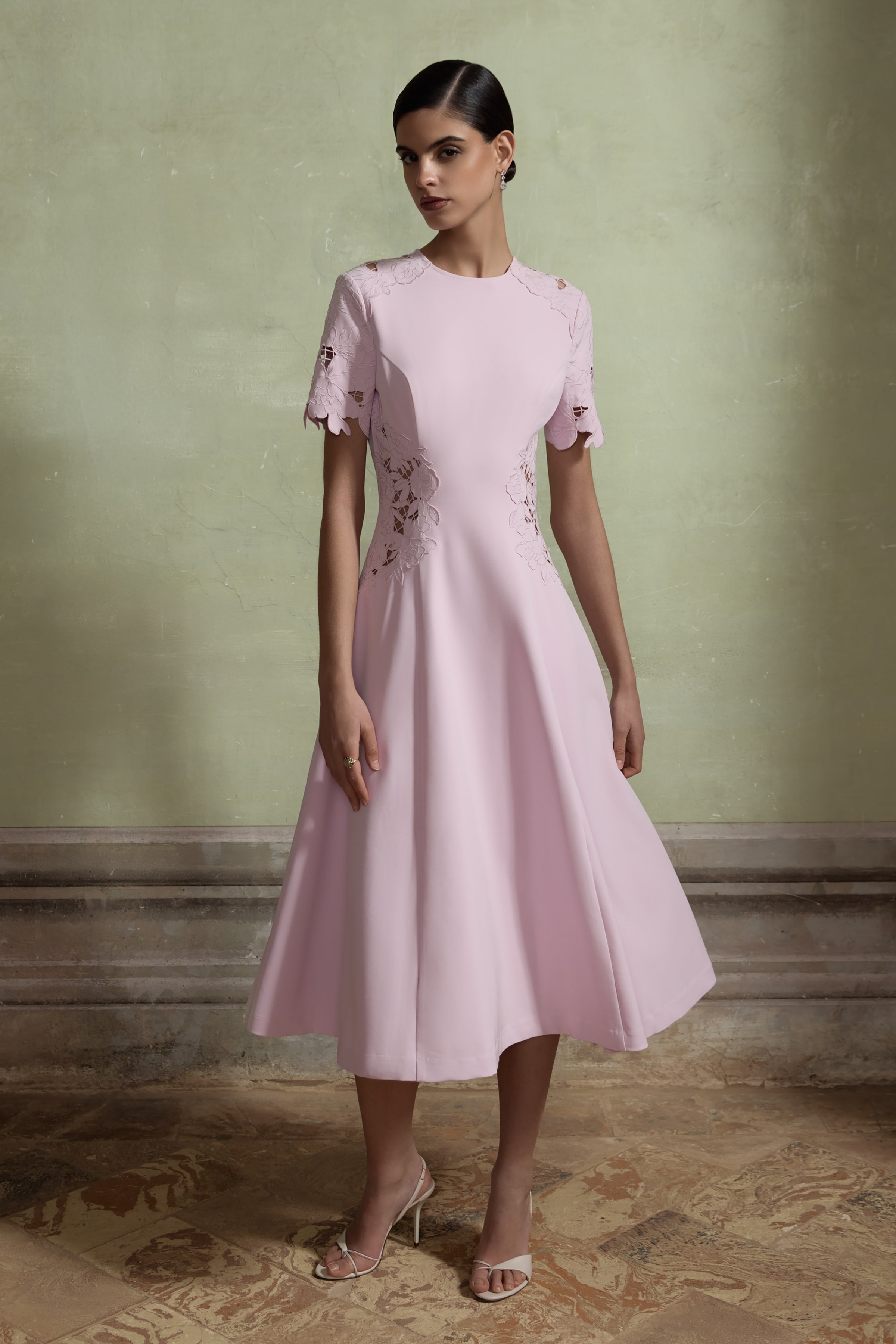 So Sweet | Pink Crew-Neck Midi Dress With Cut-Out Embroidered Detailing