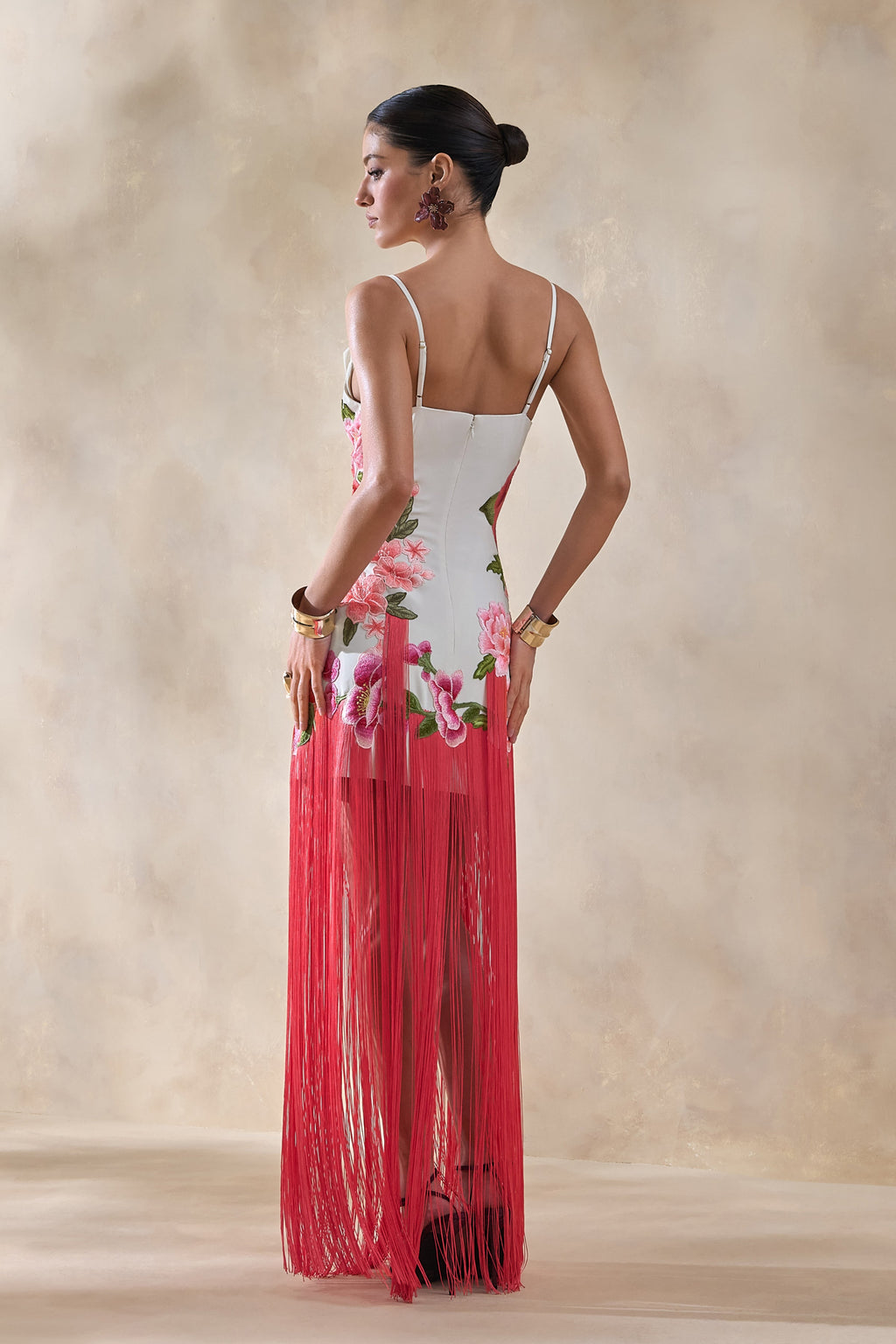 Bejewelled | Cream and Pink Floral Cowl-Neck Maxi Dress With Fringe Hem