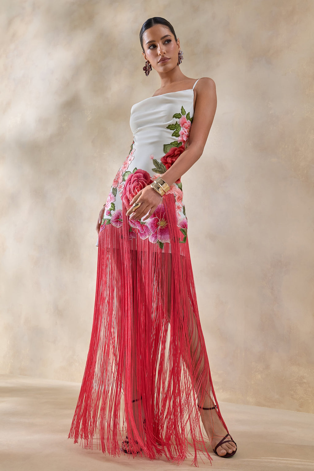 Bejewelled | Cream and Pink Floral Cowl-Neck Maxi Dress With Fringe Hem