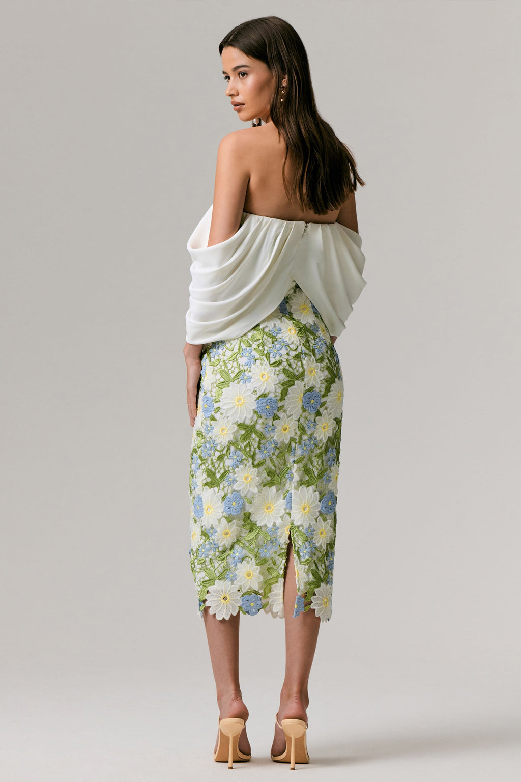 Entitled | Cream Floral Lace Bardot Midi Dress