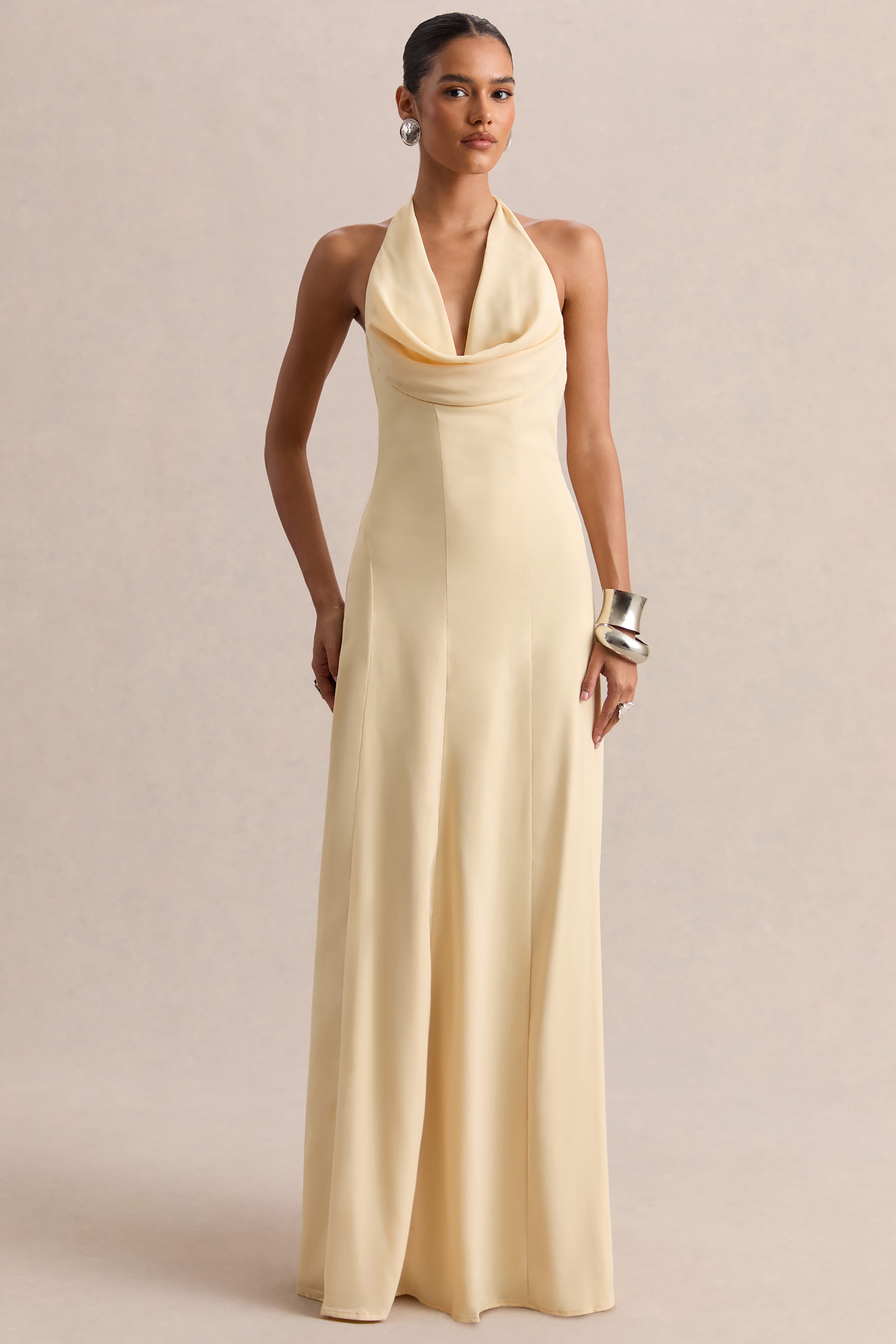 Undeniable | Lemon Cowl-Neck Draped Maxi Dress