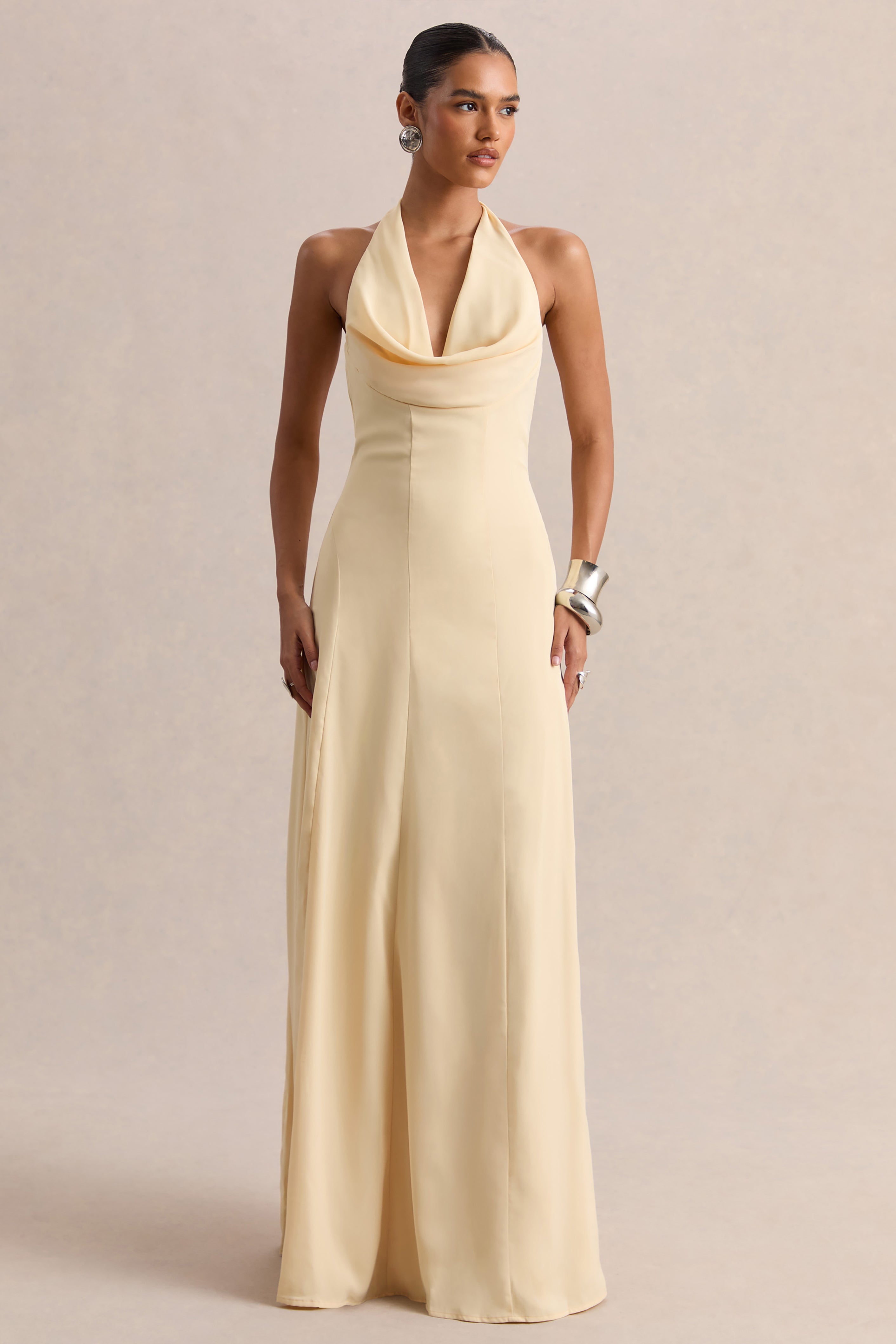 Undeniable | Lemon Cowl-Neck Draped Maxi Dress