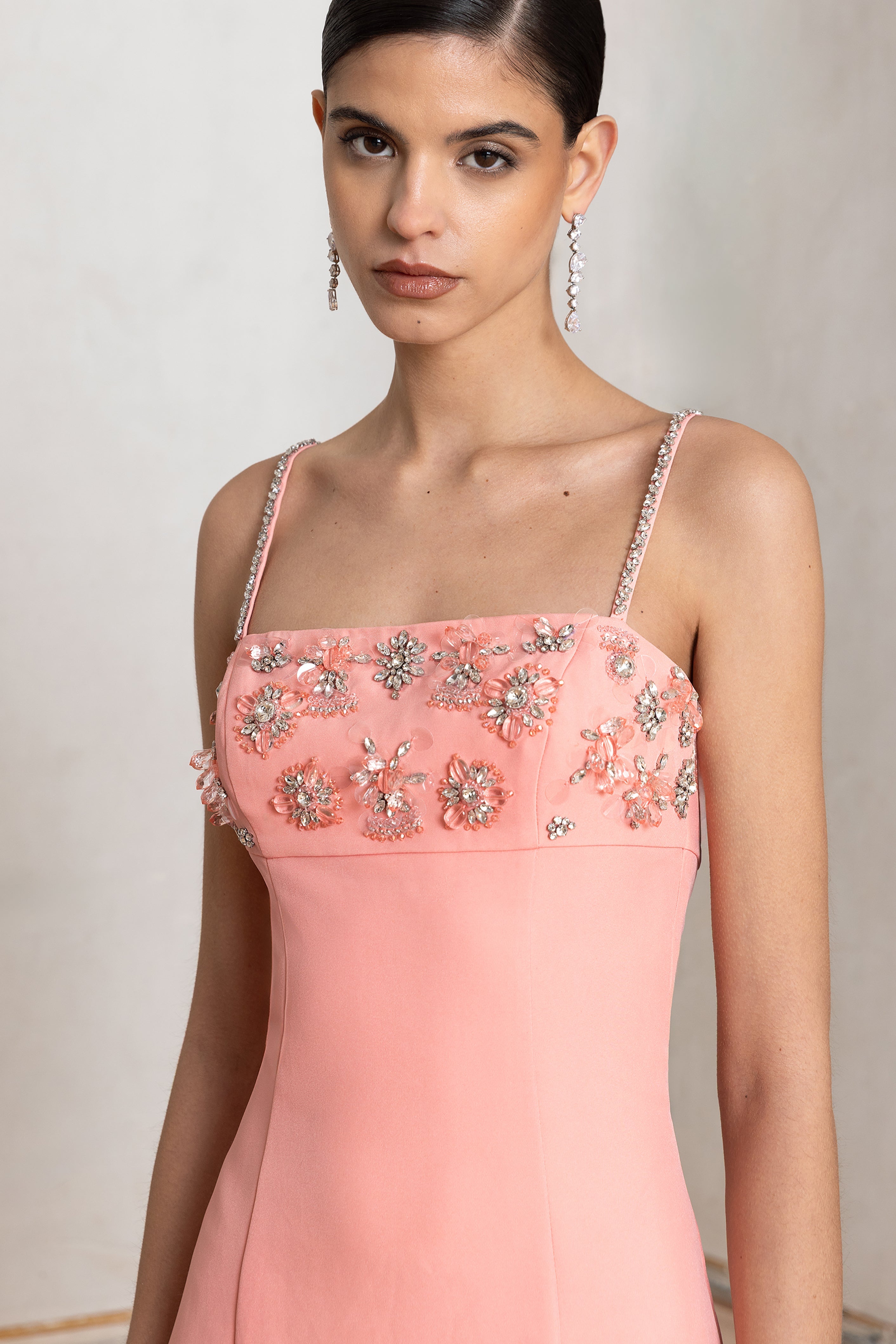 One To Remember | Coral Square-Neck Embellished Midi Dress
