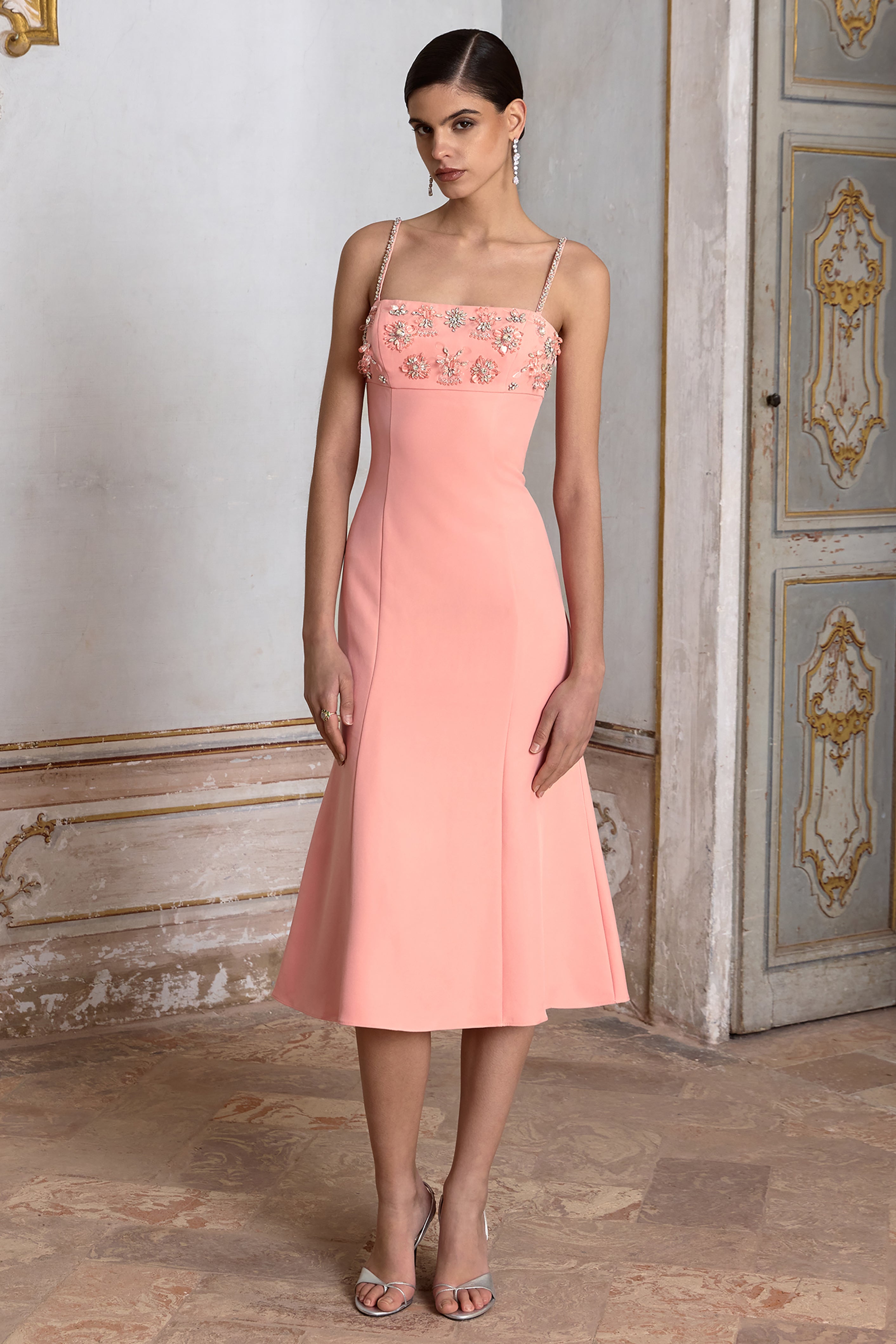 One To Remember | Coral Square-Neck Embellished Midi Dress