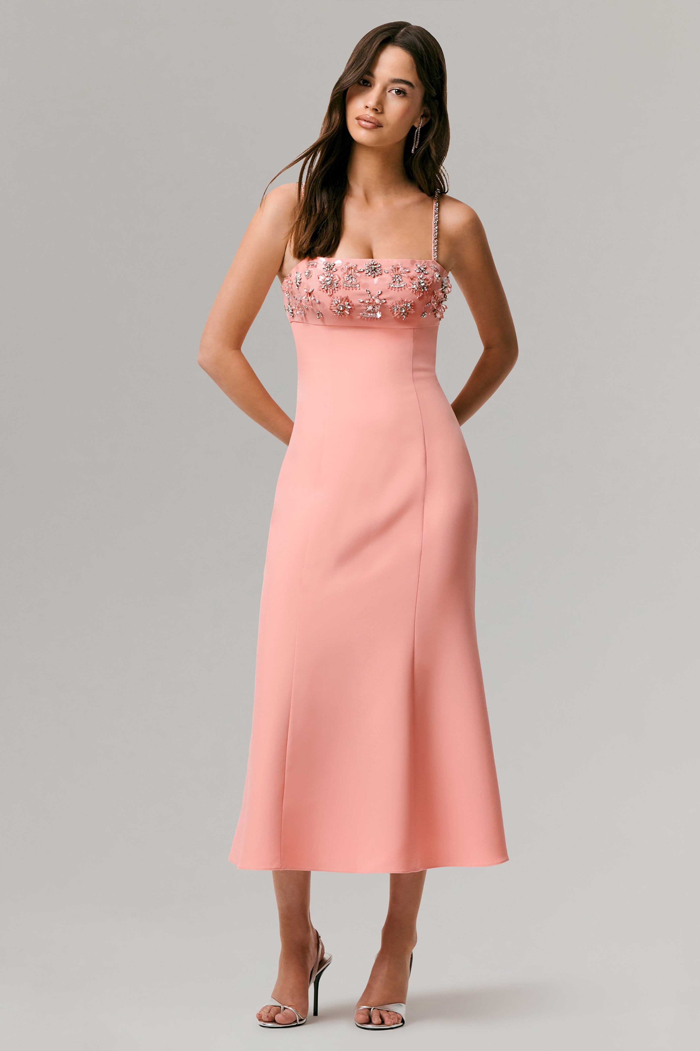 One To Remember | Coral Square-Neck Embellished Midi Dress