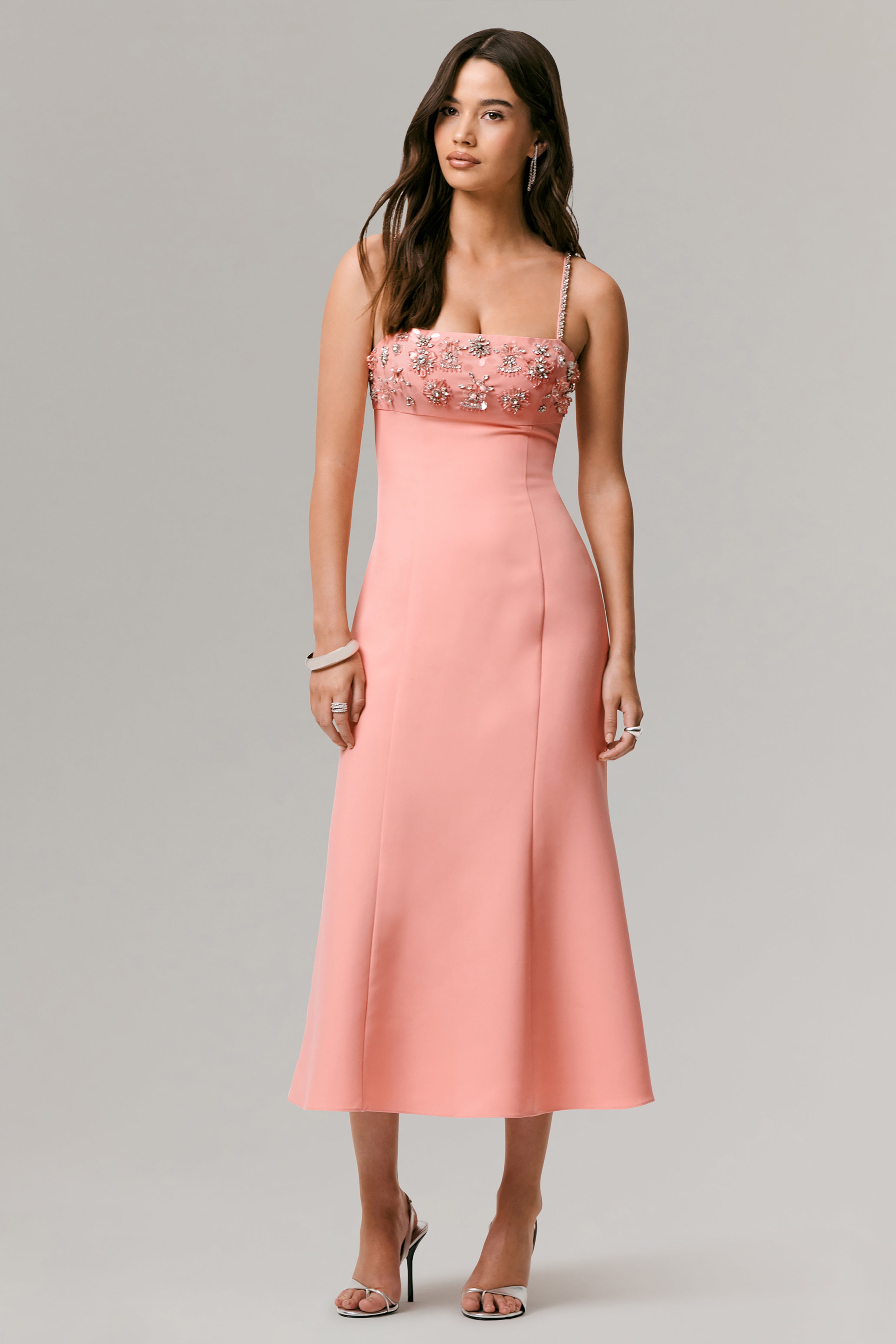 One To Remember | Coral Square-Neck Embellished Midi Dress