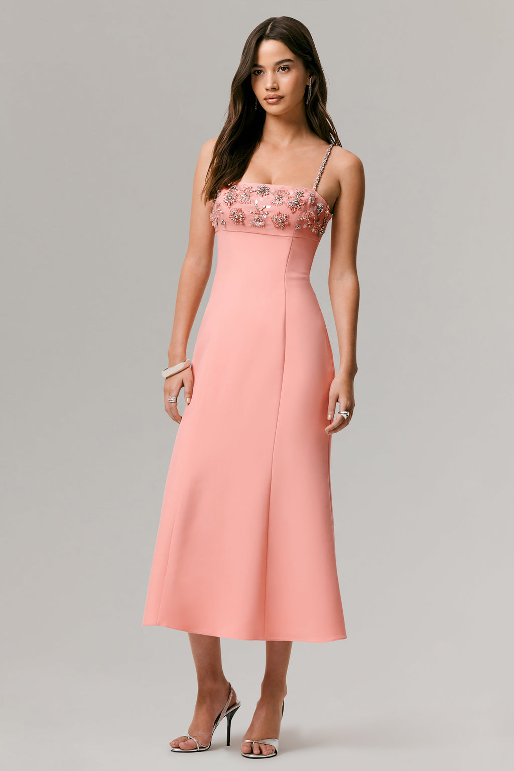 One To Remember | Coral Square-Neck Embellished Midi Dress