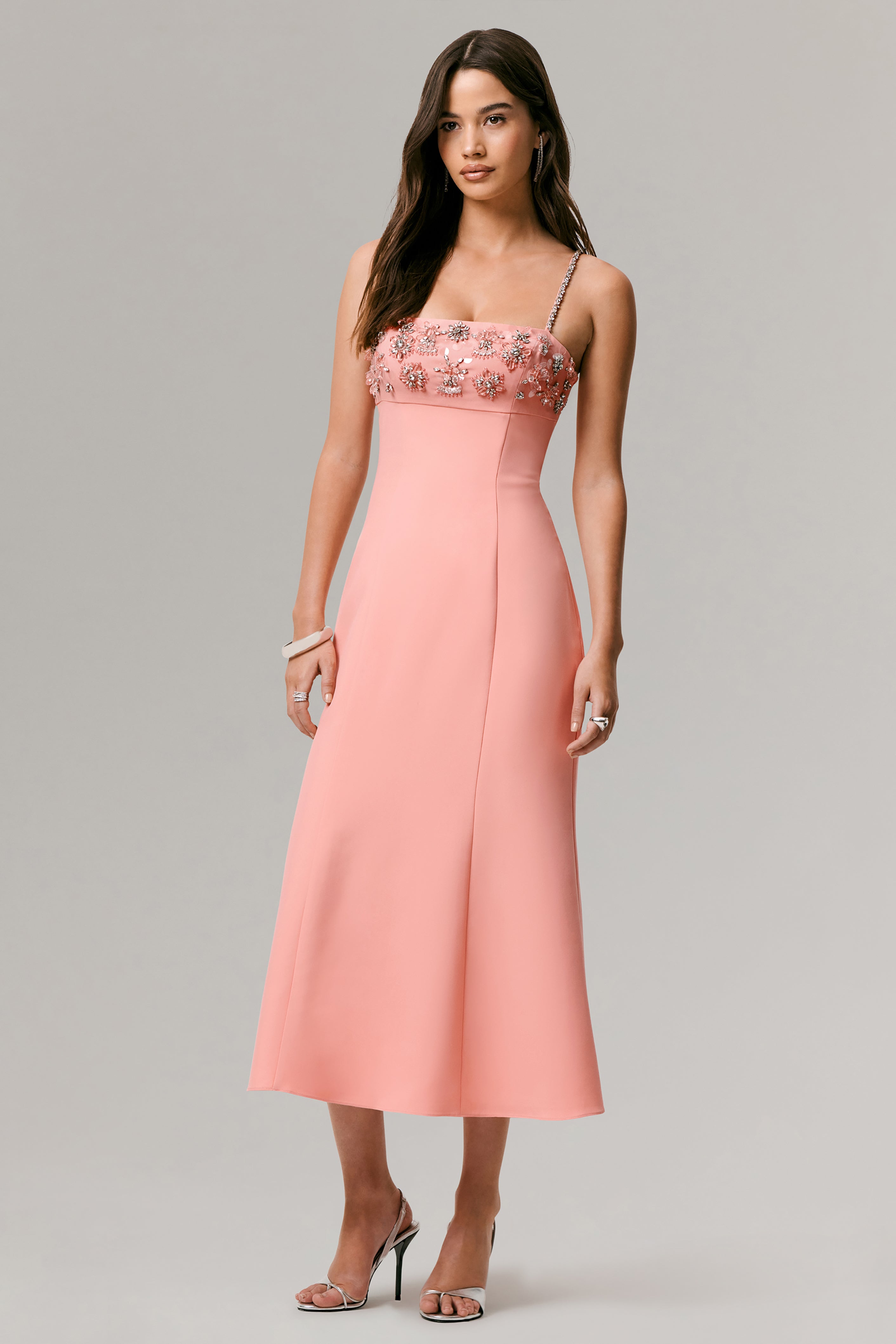 One To Remember | Coral Square-Neck Embellished Midi Dress