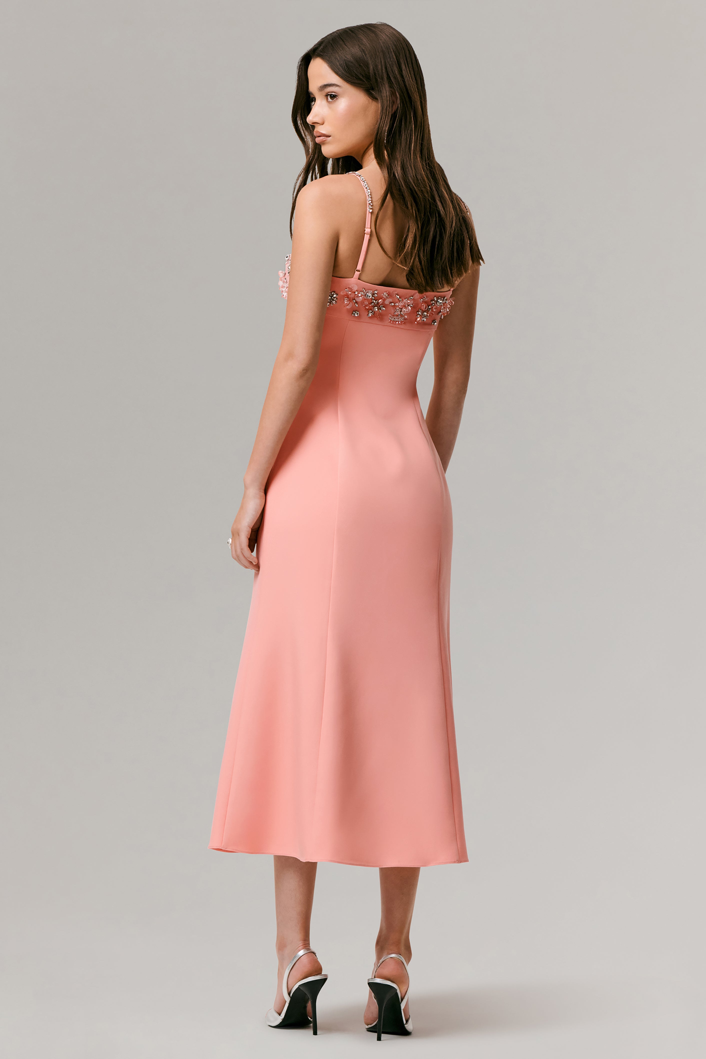 One To Remember | Coral Square-Neck Embellished Midi Dress