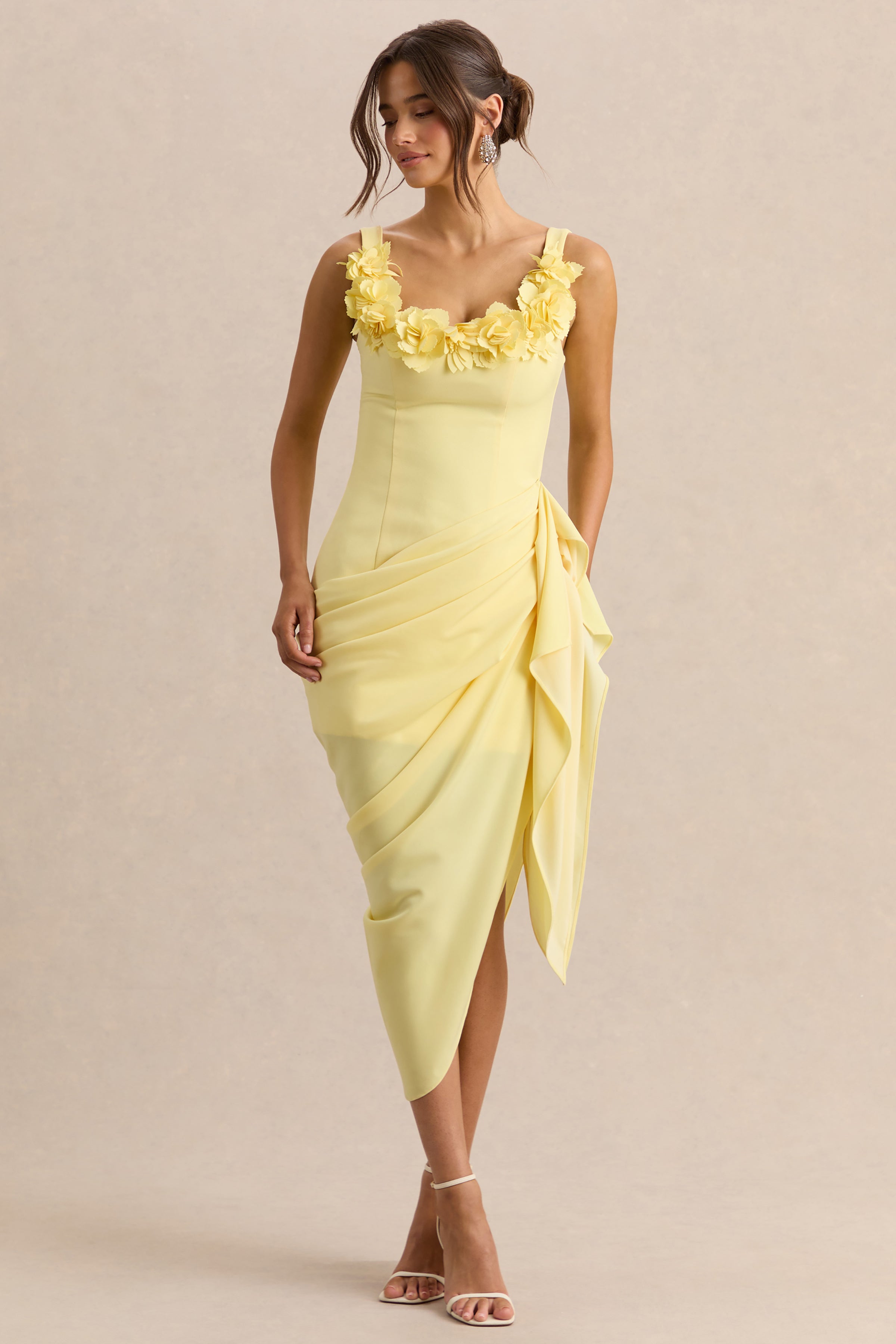 Letitia | Lemon Scoop-Neck Embellished Wrap Midi Dress