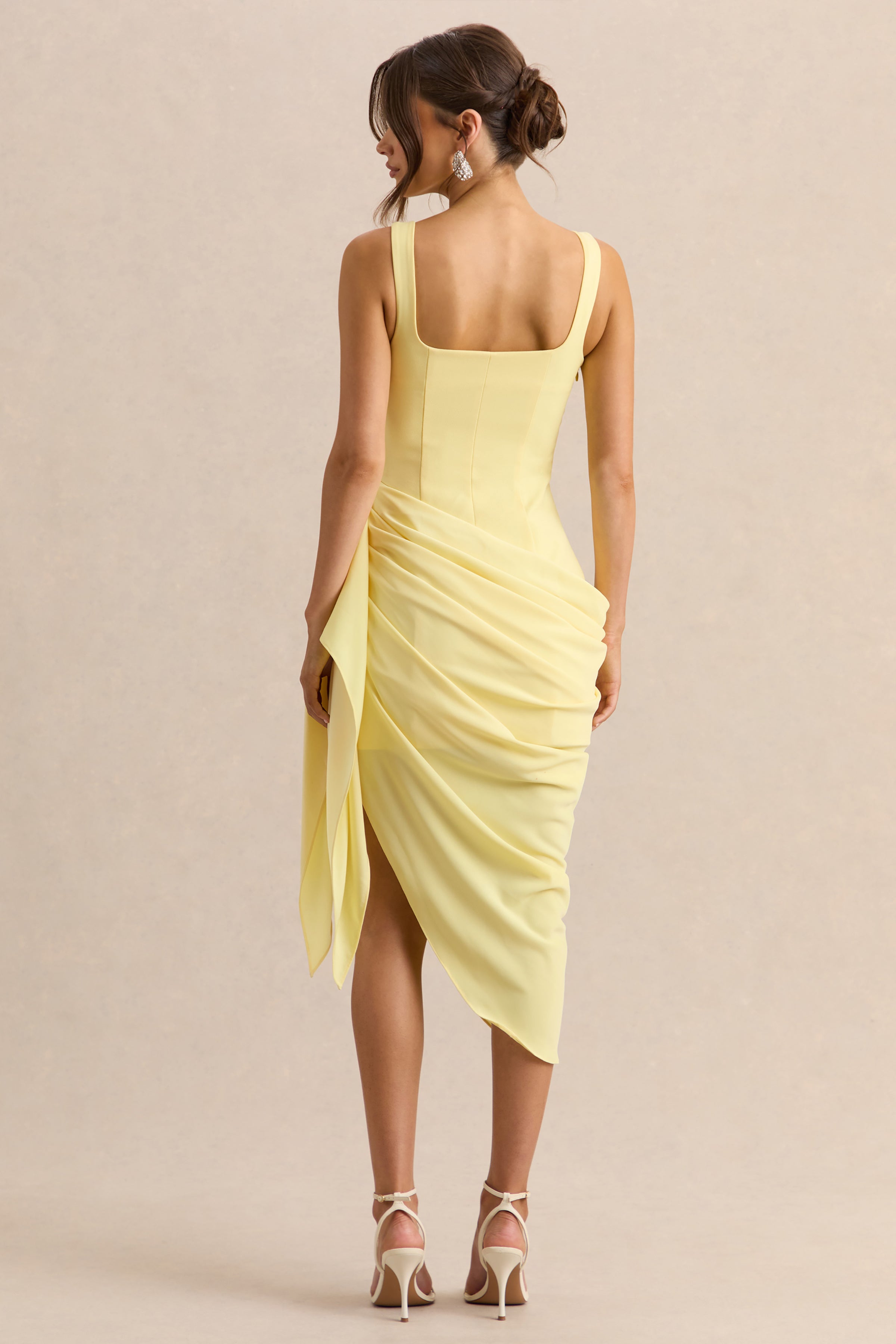 Letitia | Lemon Scoop-Neck Embellished Wrap Midi Dress