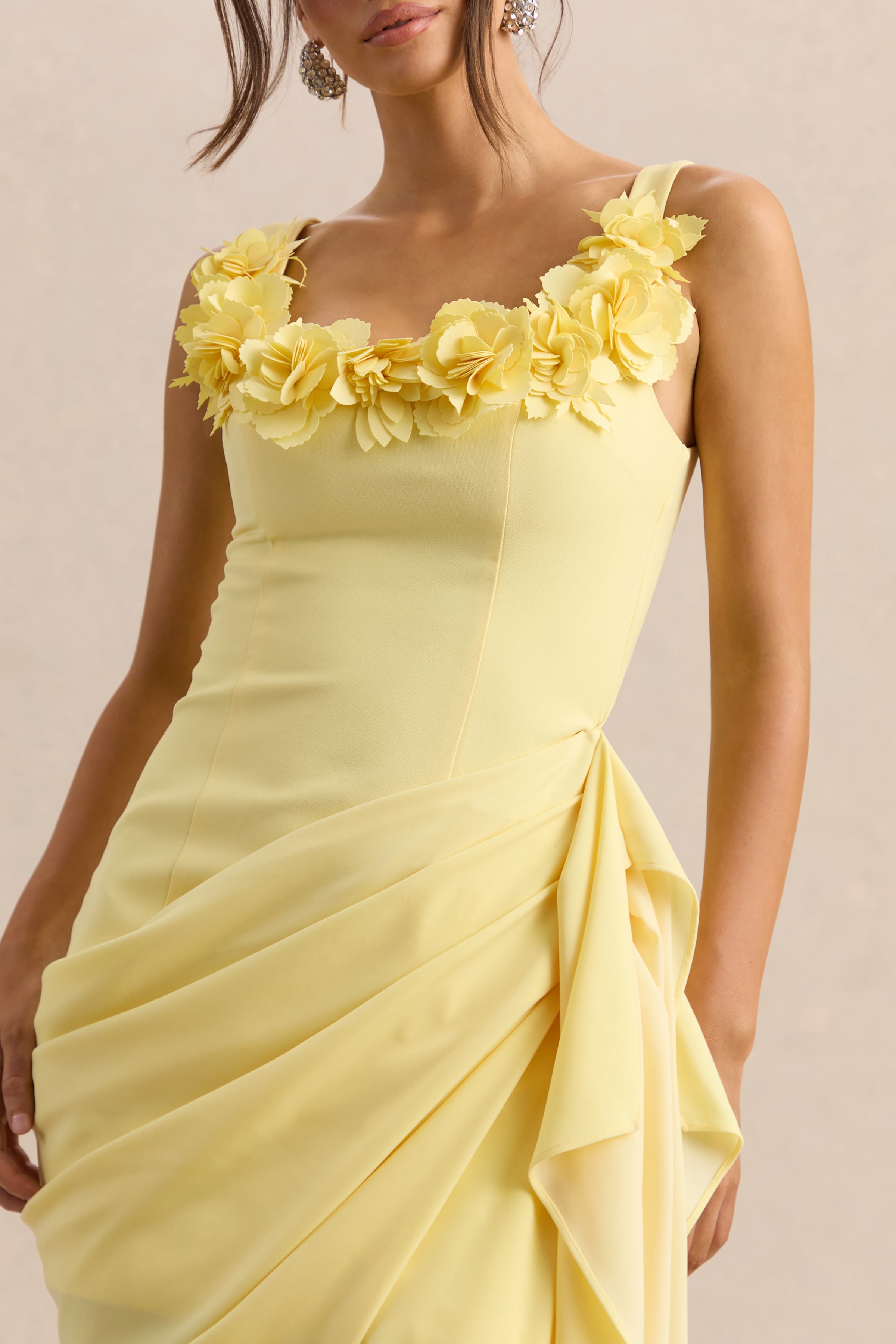 Letitia | Lemon Scoop-Neck Embellished Wrap Midi Dress