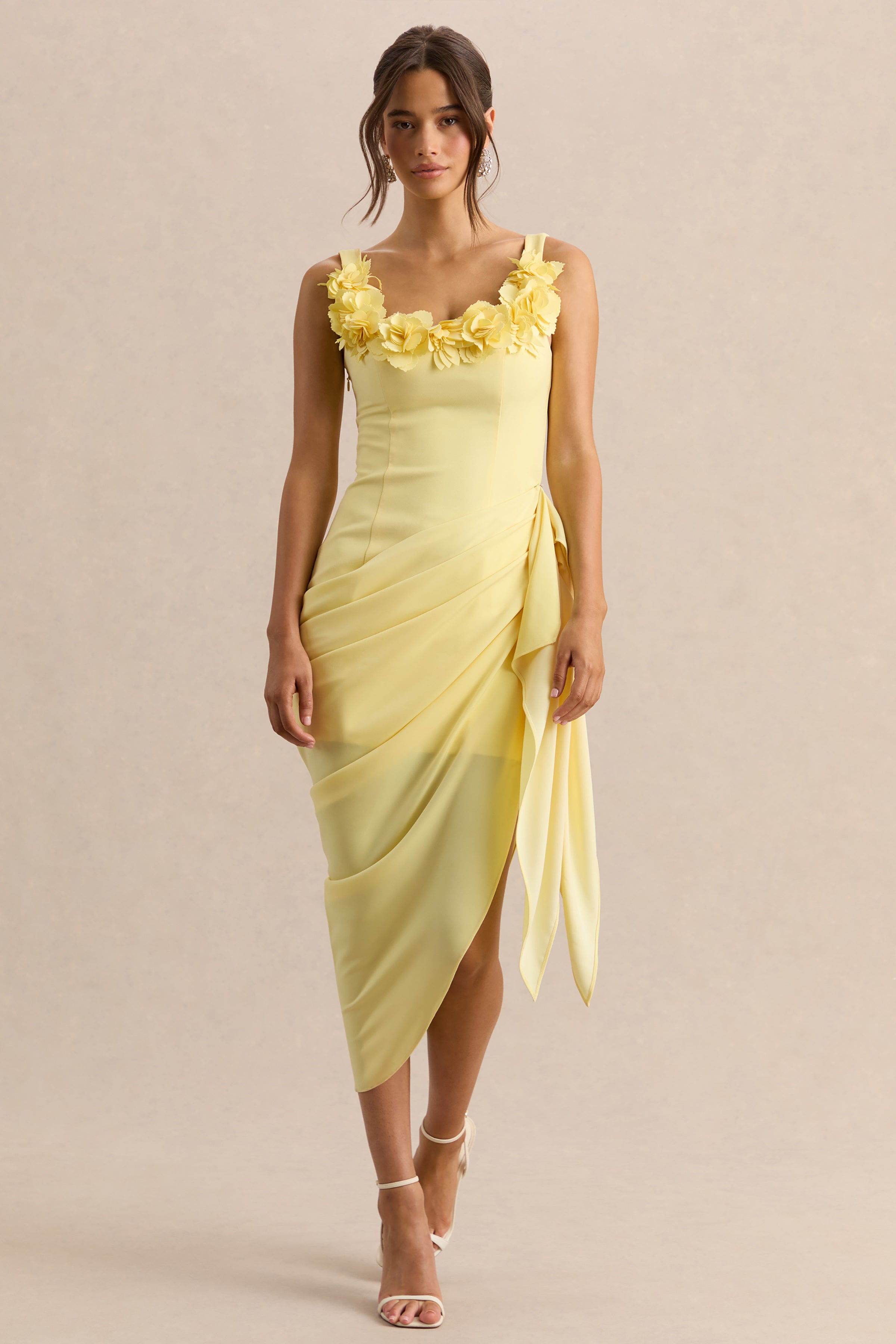 Letitia | Lemon Scoop-Neck Embellished Wrap Midi Dress
