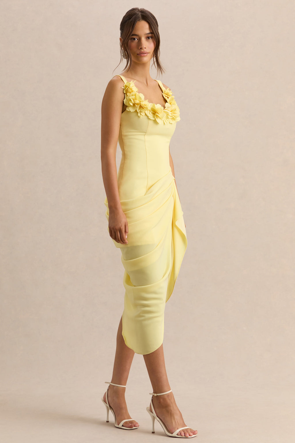 Letitia | Lemon Scoop-Neck Embellished Wrap Midi Dress
