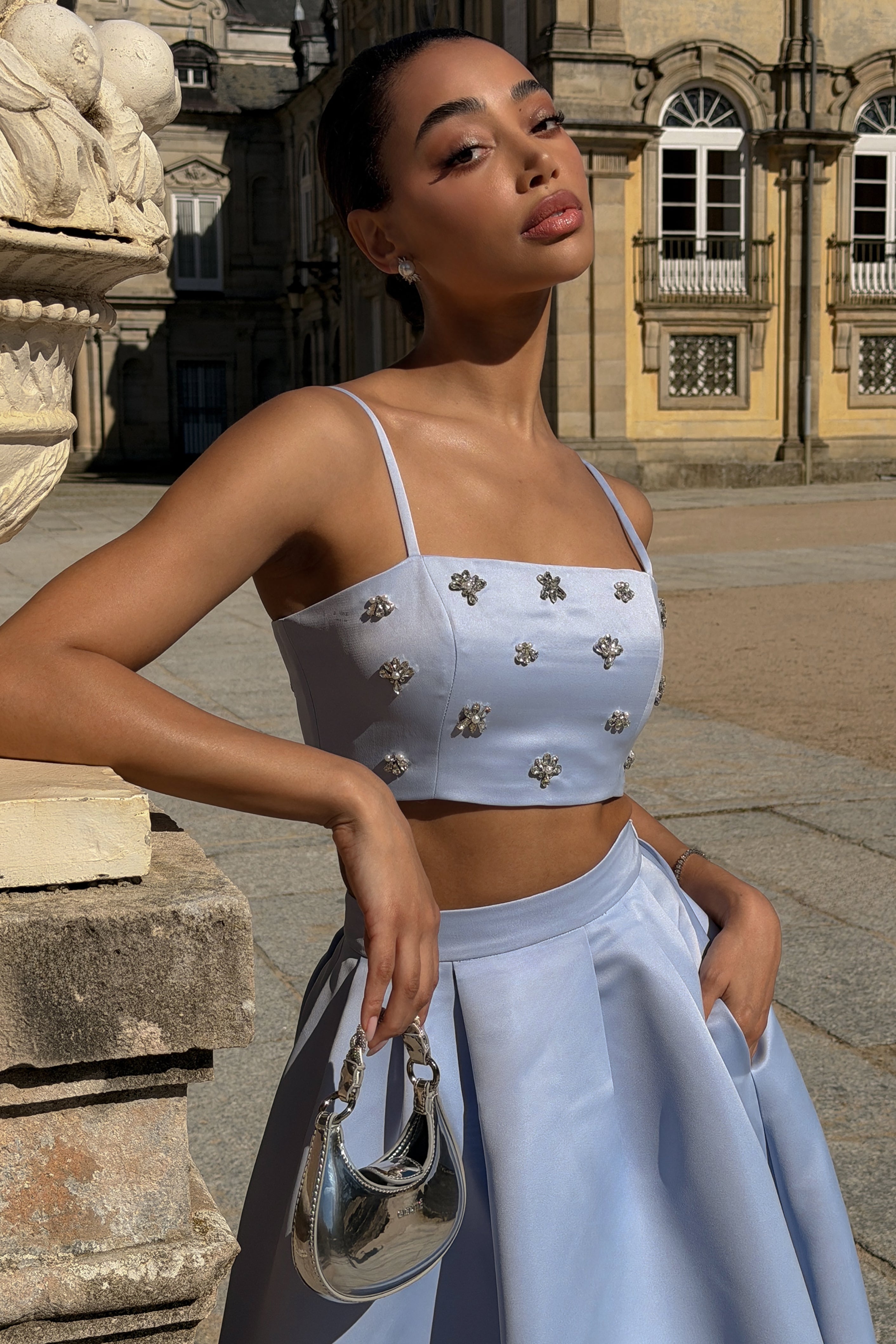 Vienna | Blue Embellished Satin Crop Top