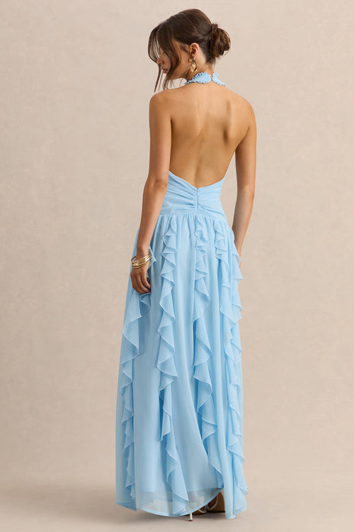 Bea | Powder Blue Plunge-Neck Ruffled Maxi Dress