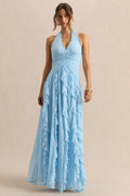 Bea | Powder Blue Plunge-Neck Ruffled Maxi Dress