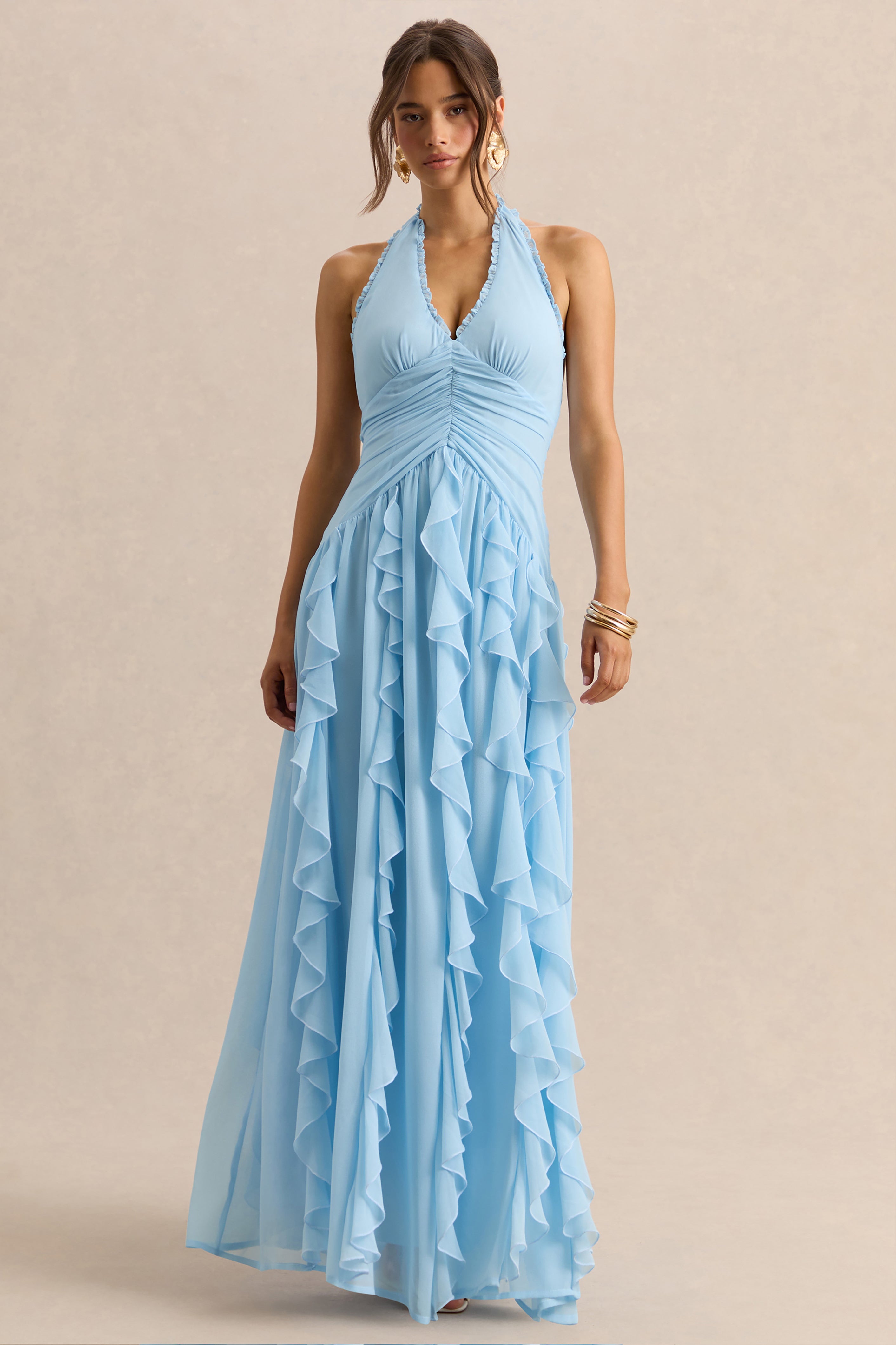 Bea | Powder Blue Plunge-Neck Ruffled Maxi Dress
