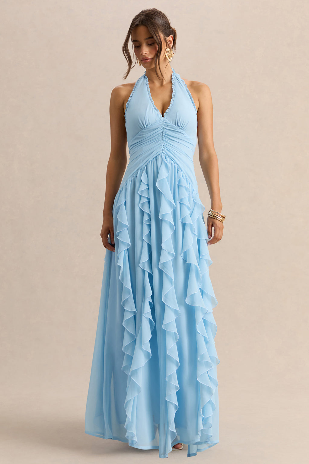 Bea | Powder Blue Plunge-Neck Ruffled Maxi Dress