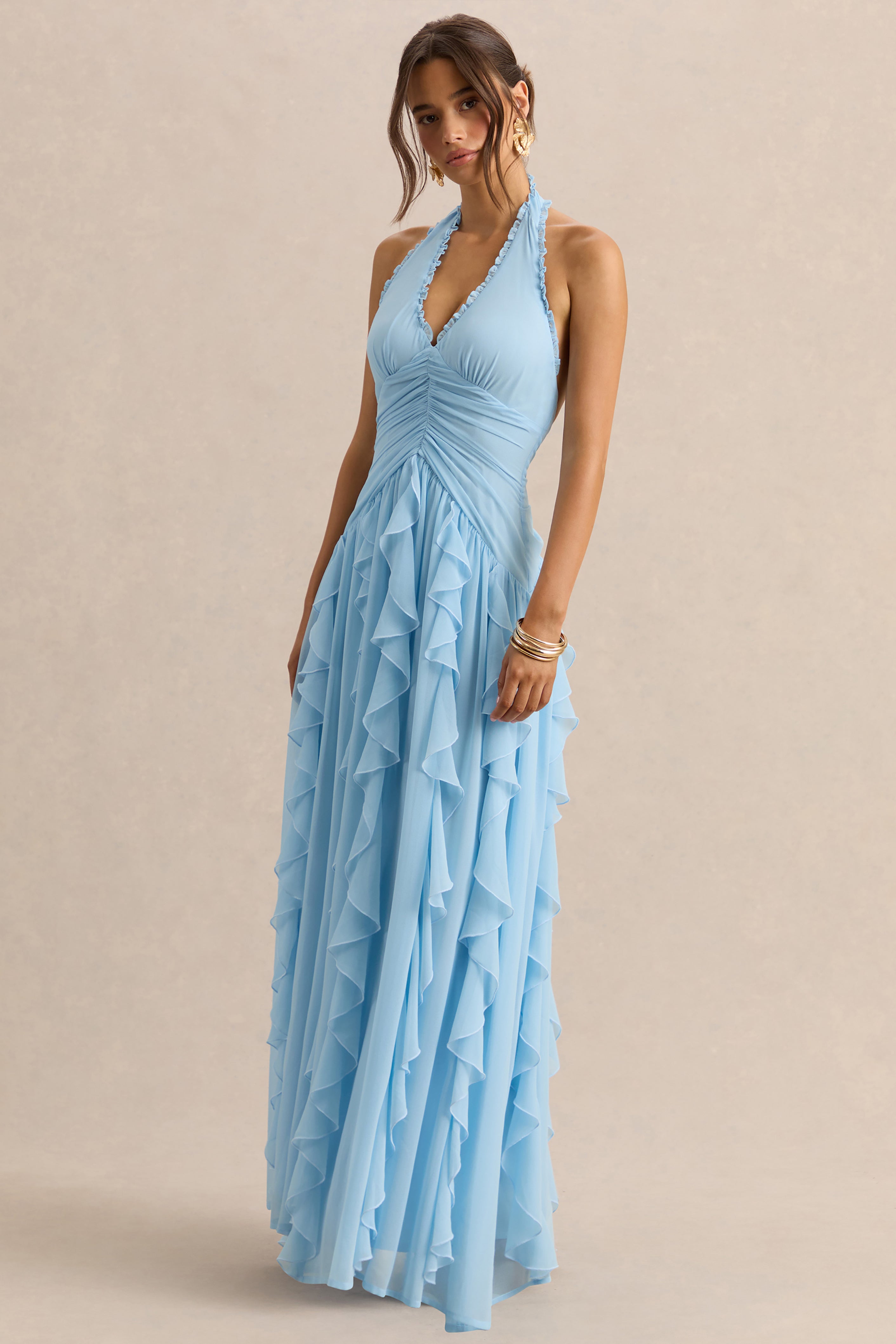 Bea | Powder Blue Plunge-Neck Ruffled Maxi Dress