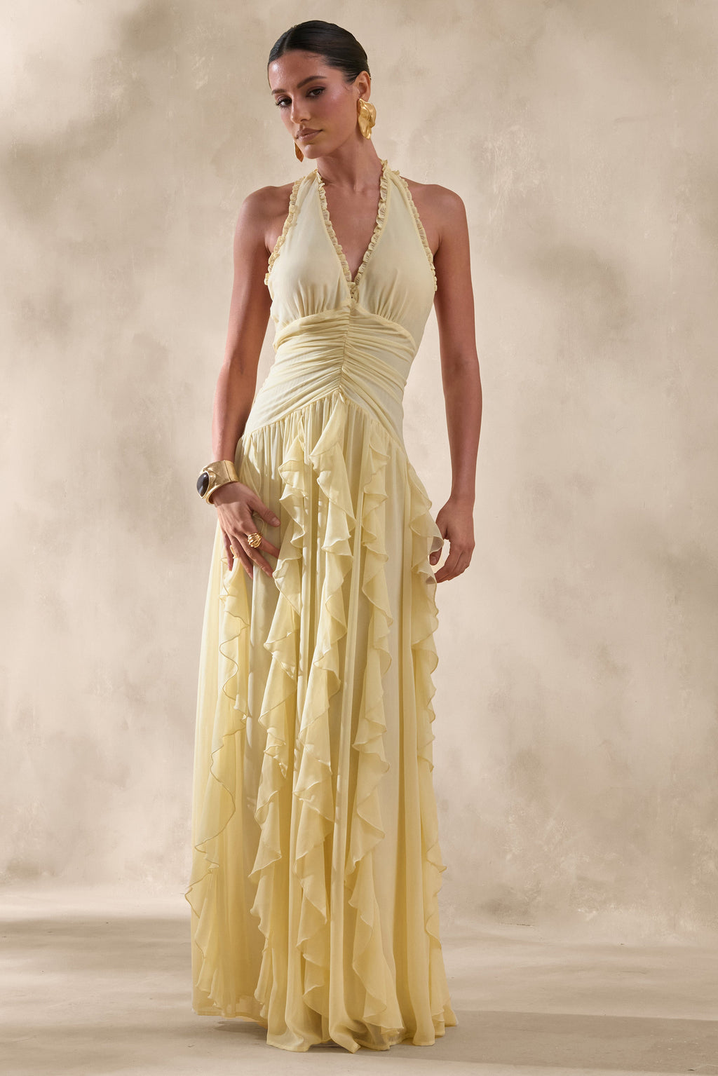 Bea | Lemon Plunge-Neck Ruffled Maxi Dress