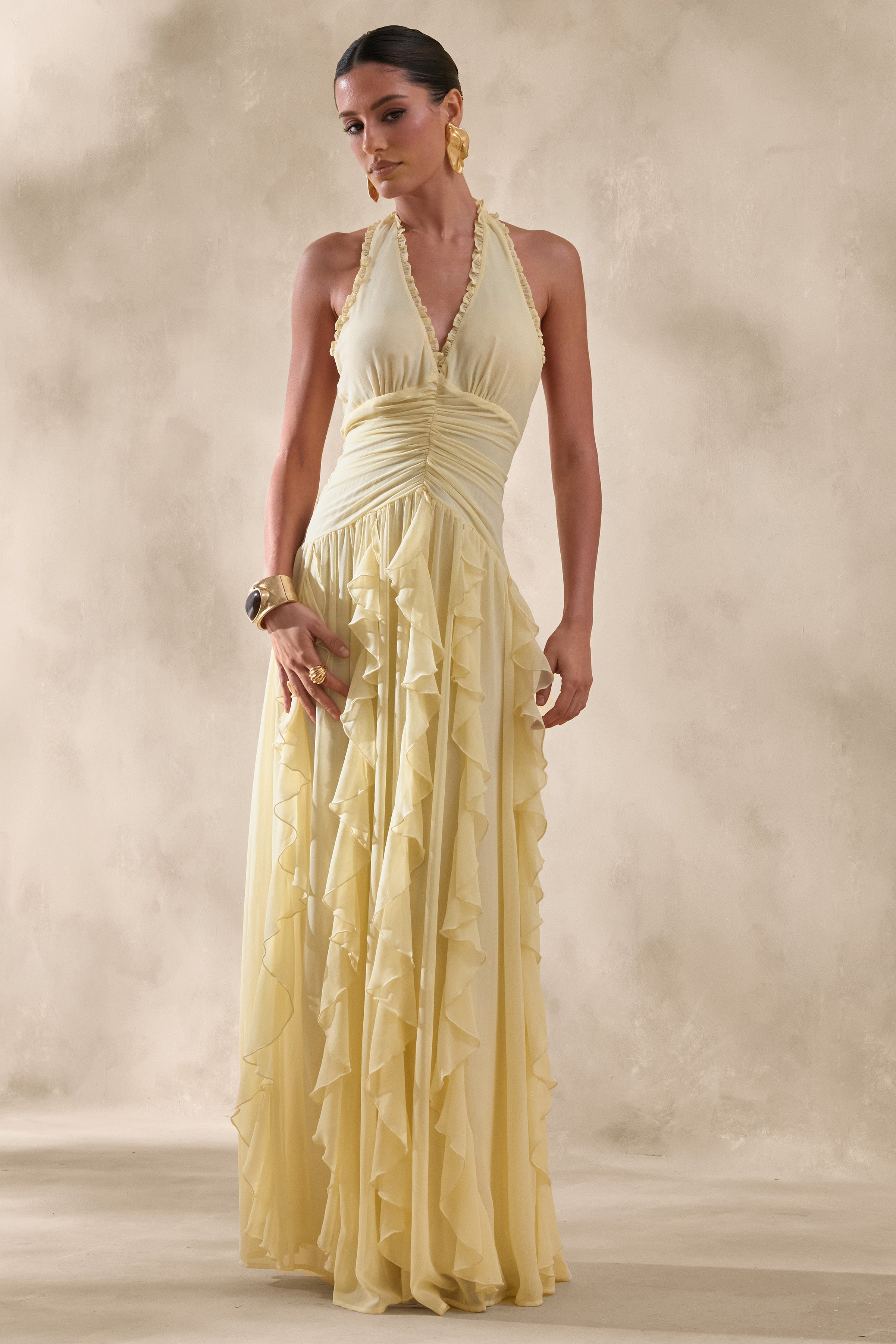 Bea | Lemon Plunge-Neck Ruffled Maxi Dress