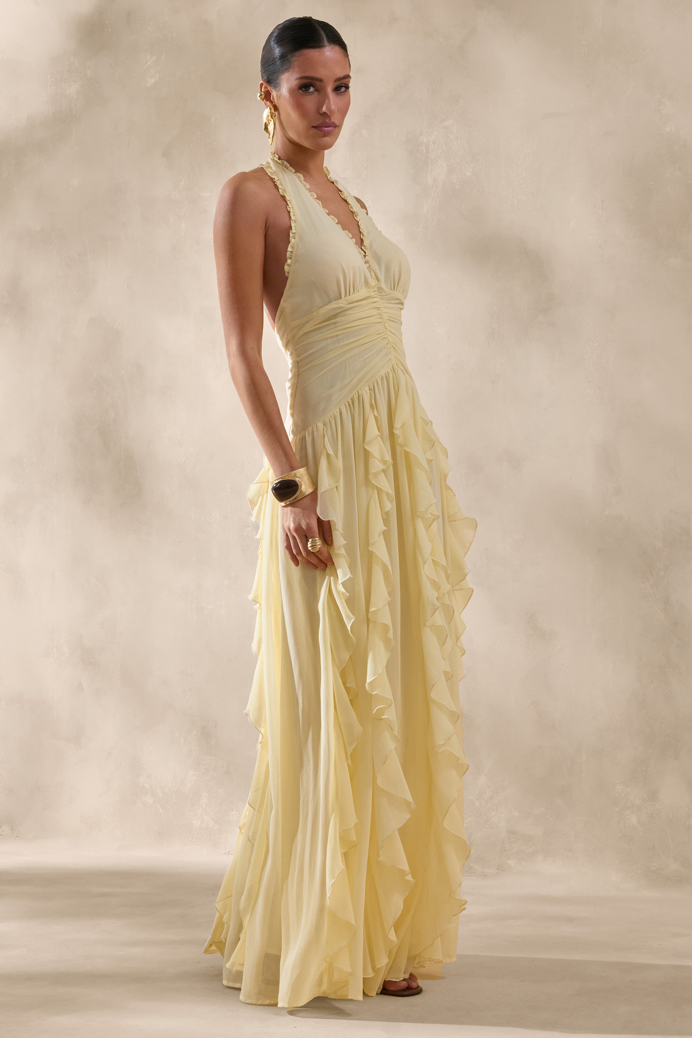 Bea | Lemon Plunge-Neck Ruffled Maxi Dress