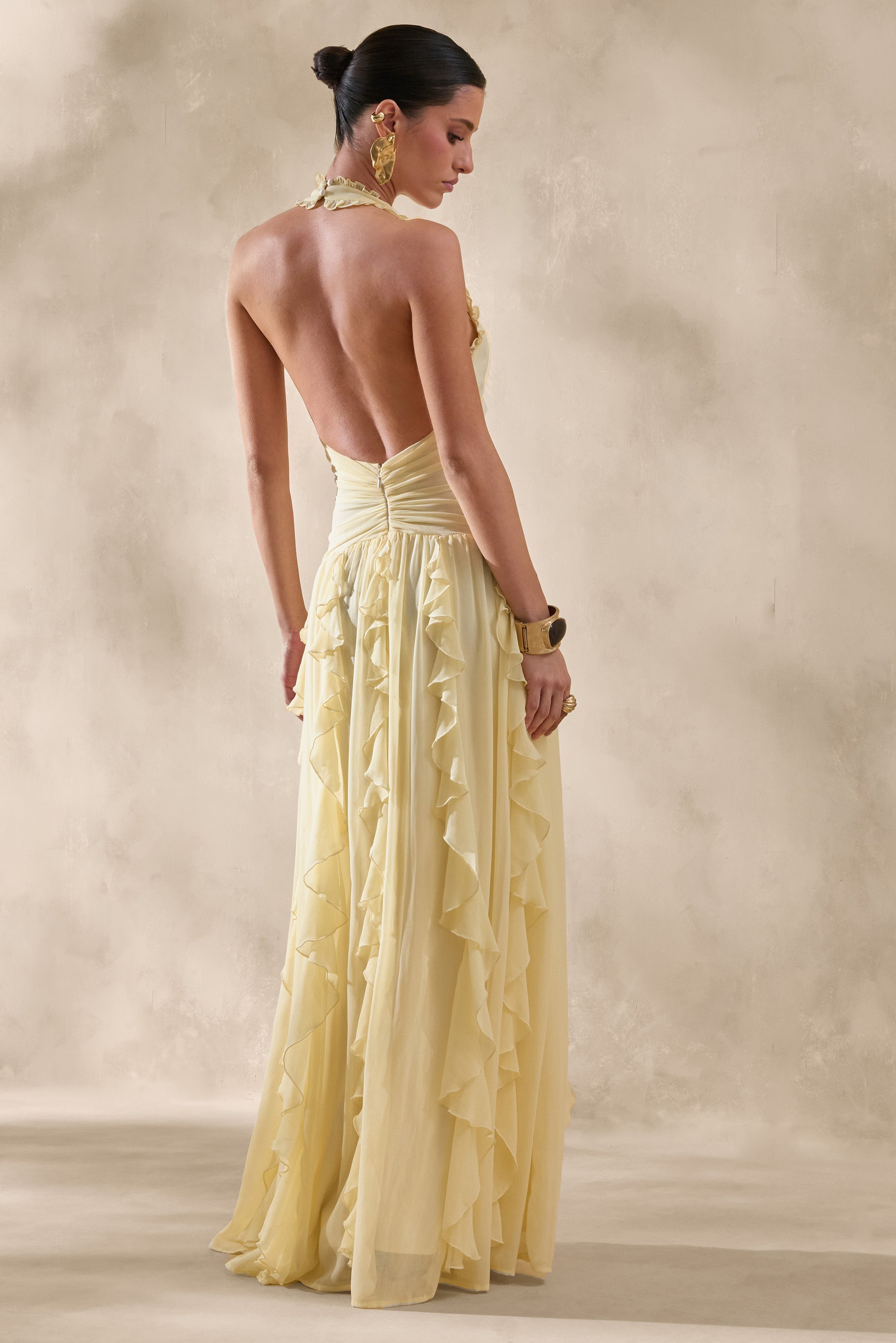 Bea | Lemon Plunge-Neck Ruffled Maxi Dress