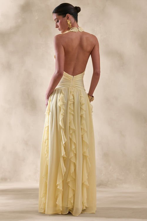 Bea | Lemon Plunge-Neck Ruffled Maxi Dress
