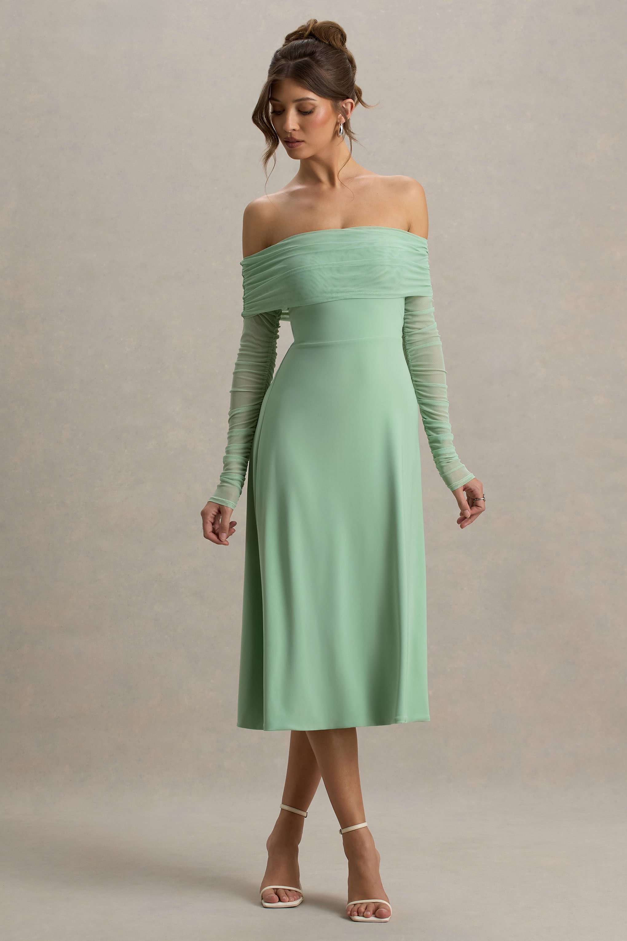 Flatter Me | Light Green Bardot Midi Dress With Mesh Sleeves