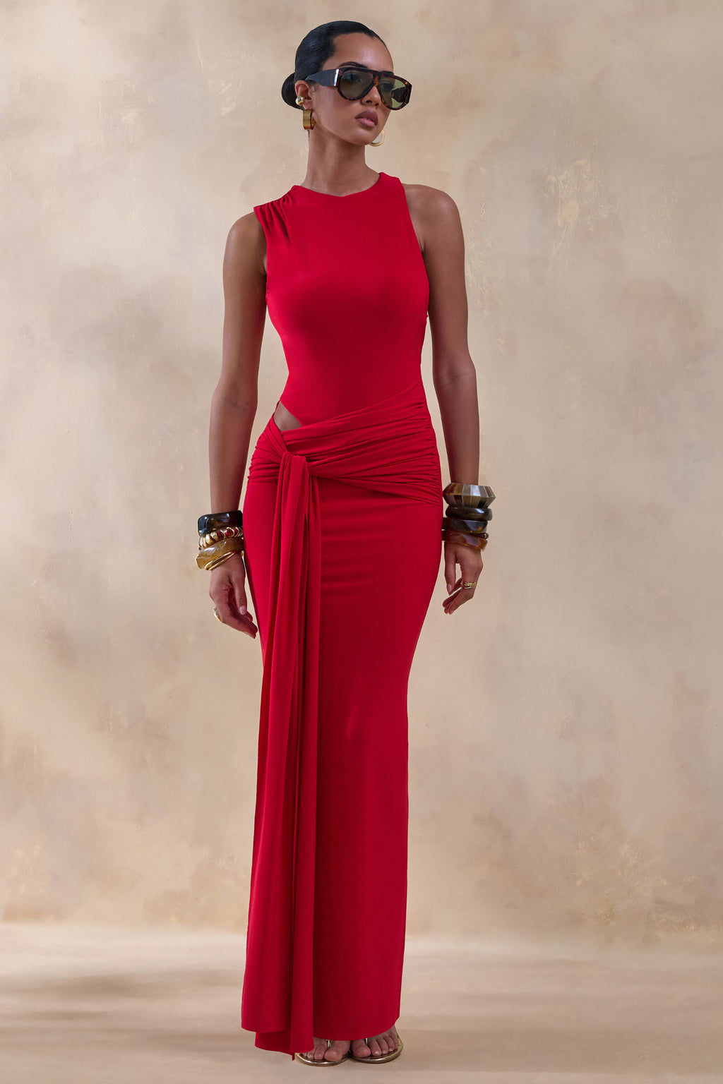 Neile | Red Crew-Neck Maxi Dress With Cut-Out and Sash Details