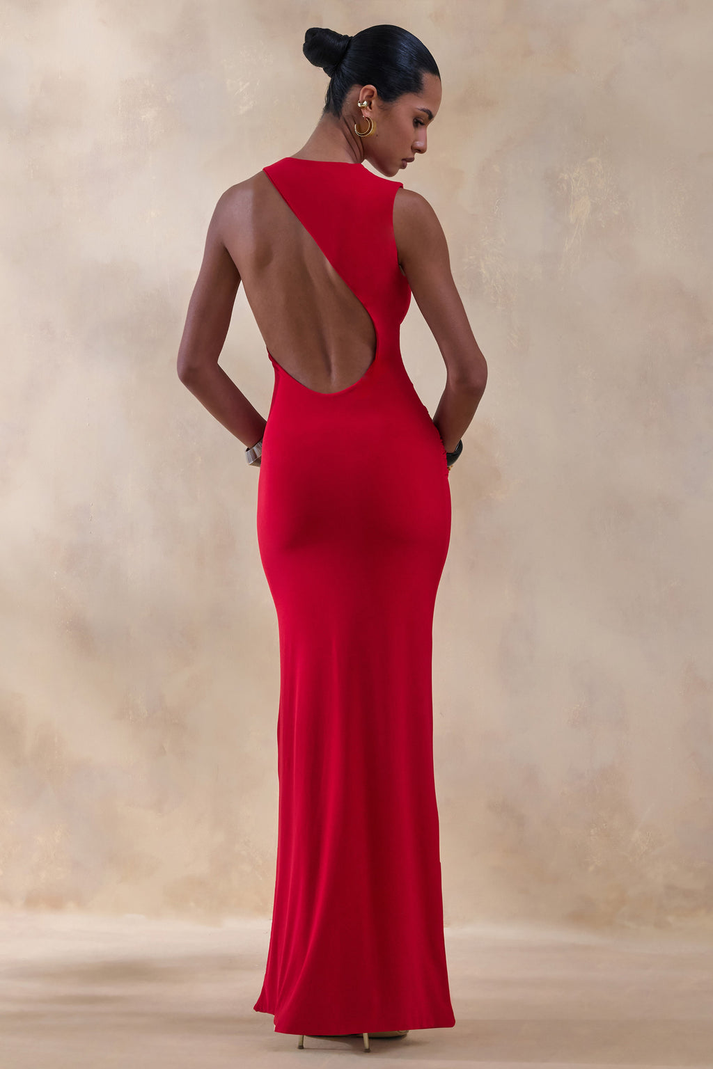 Neile | Red Crew-Neck Maxi Dress With Cut-Out and Sash Details