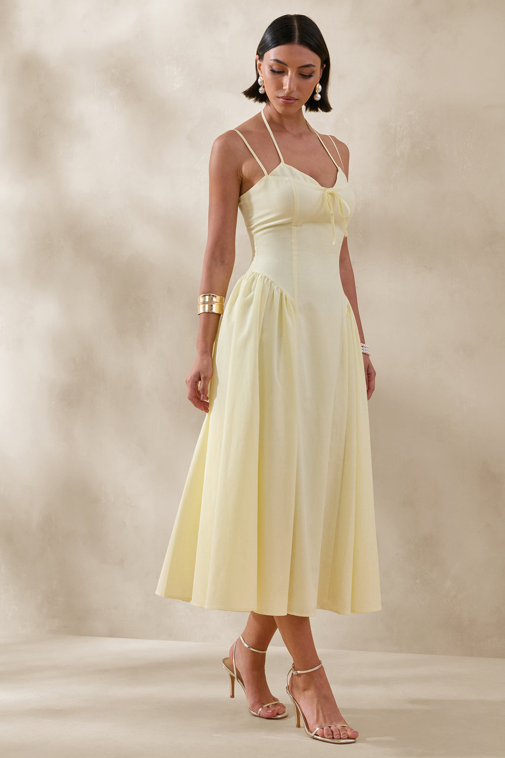 Audrey | Lemon Sweetheart-Neck Midi Dress With Ruching Detail