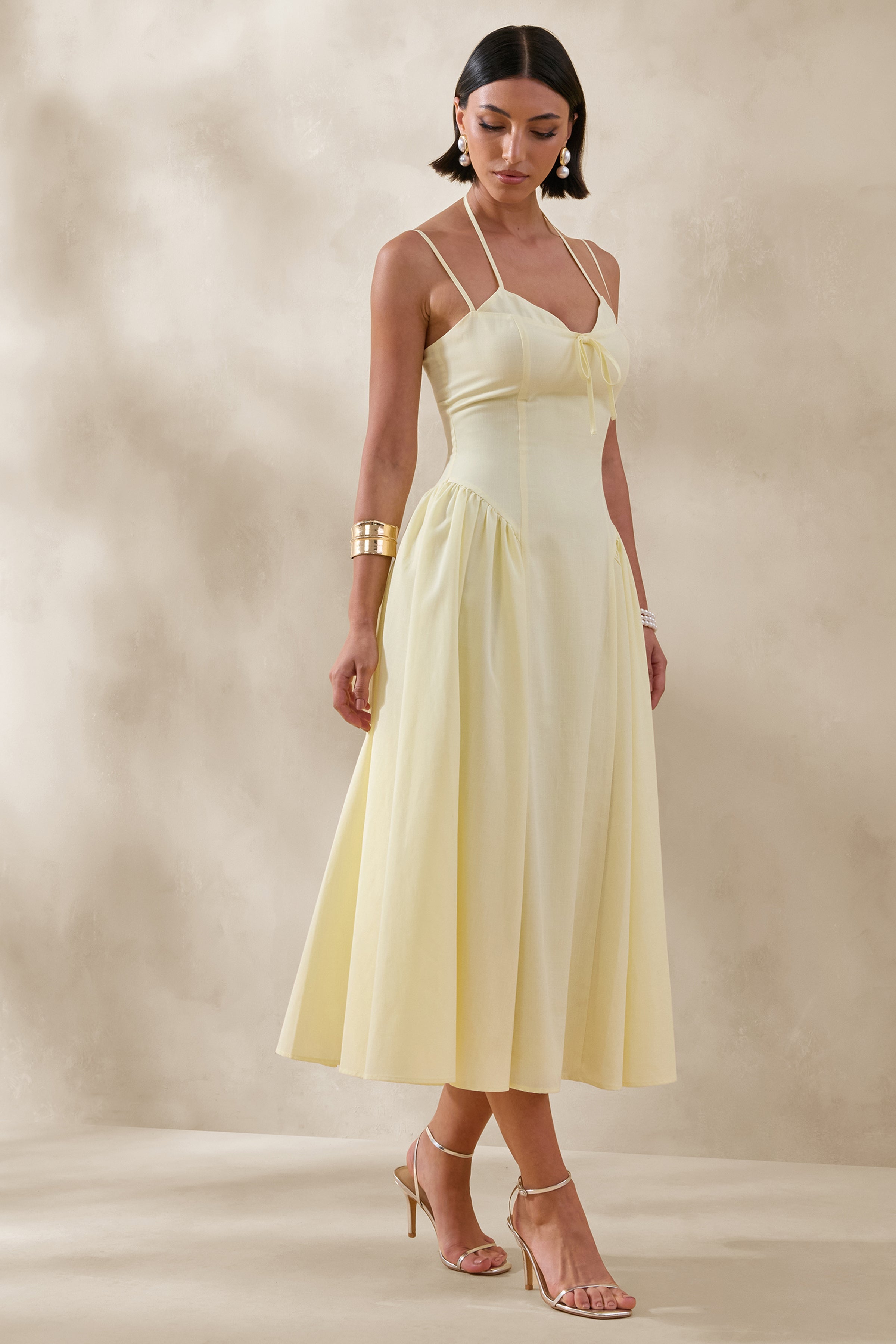 Audrey | Lemon Sweetheart-Neck Midi Dress With Ruching Detail