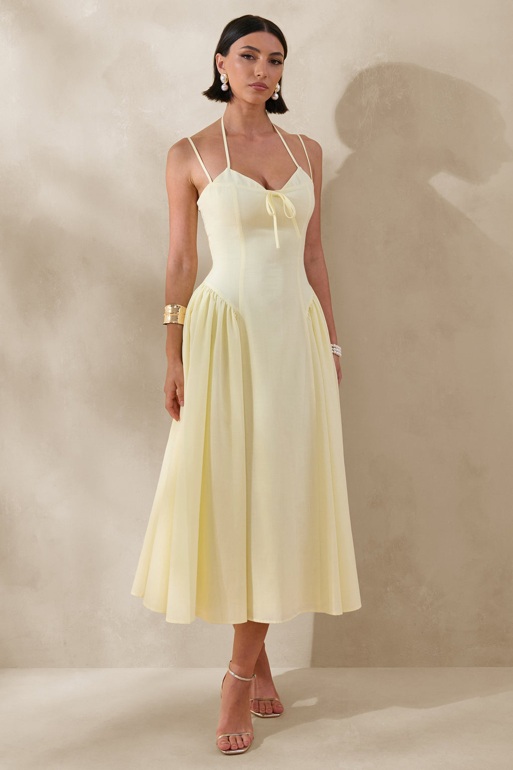 Audrey | Lemon Sweetheart-Neck Midi Dress With Ruching Detail