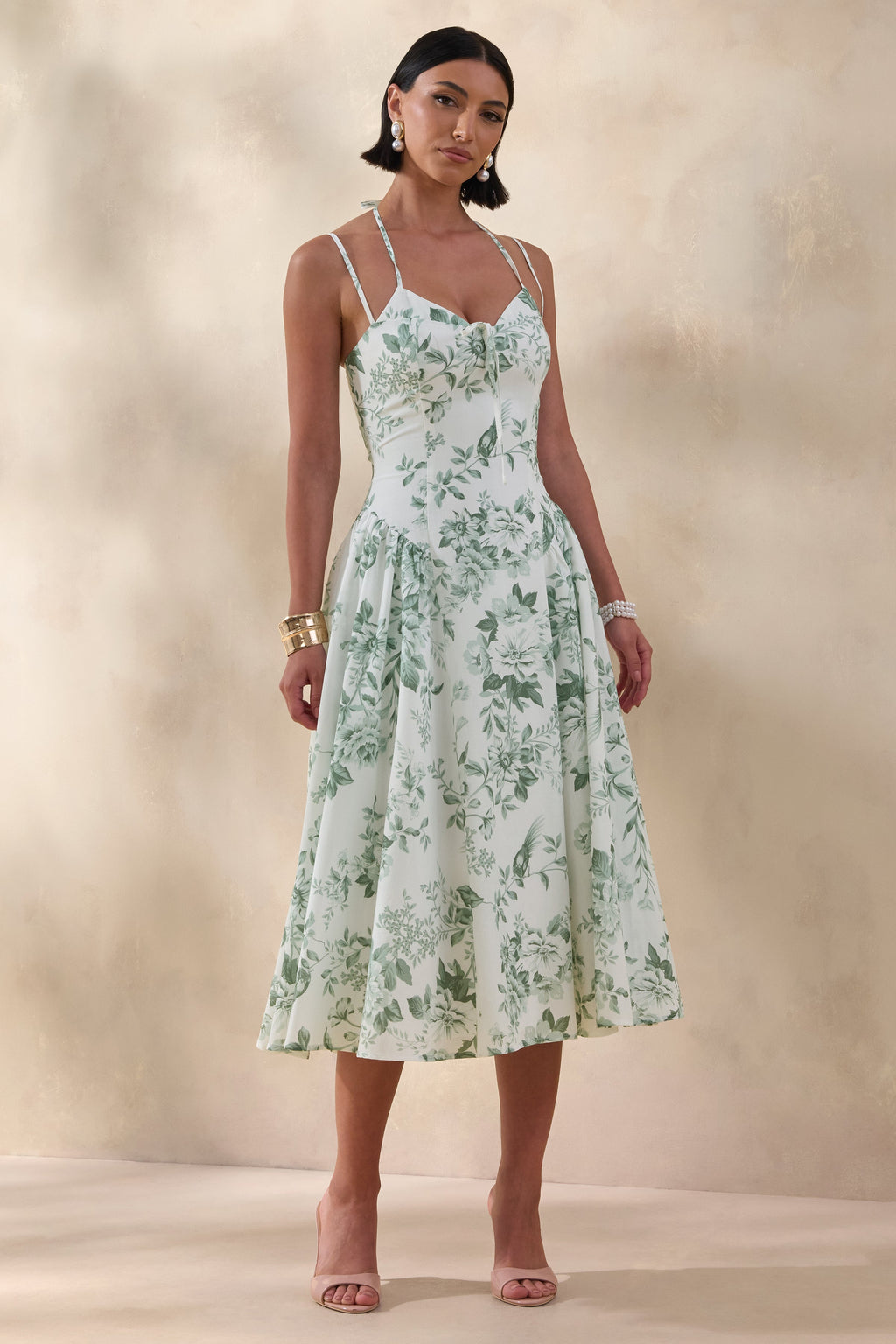 Audrey | Green Floral Print Sweetheart-Neck Midi Dress With Ruching Detail