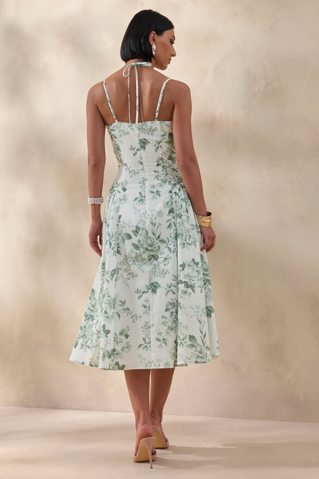 Audrey | Green Floral Print Sweetheart-Neck Midi Dress With Ruching Detail