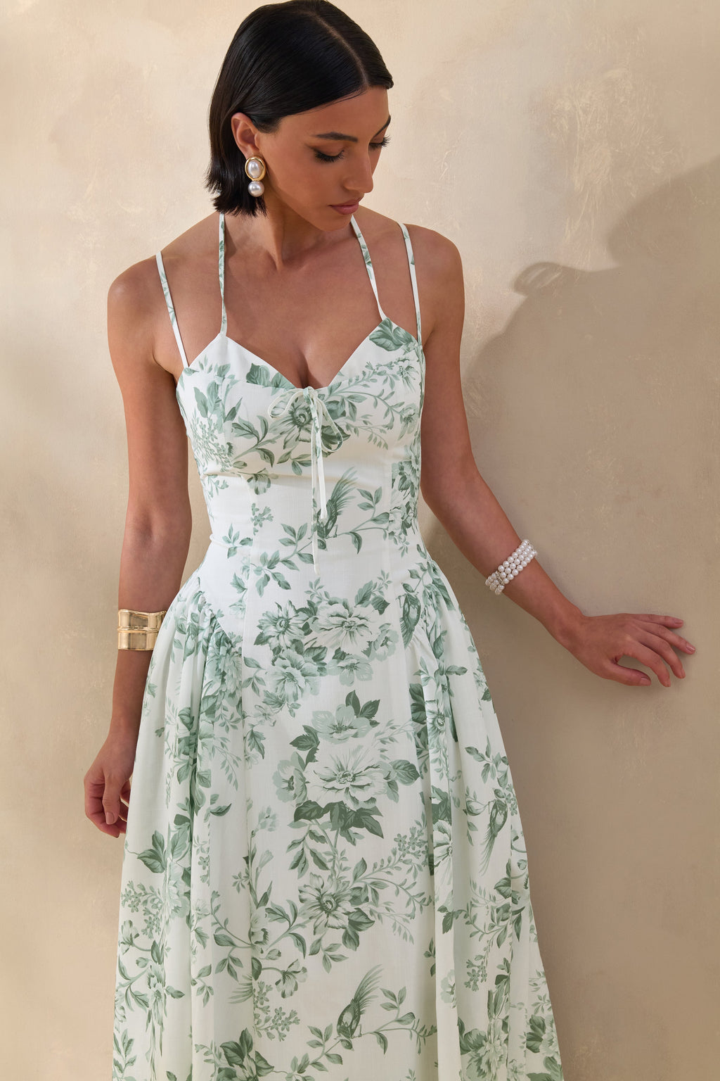Audrey | Green Floral Print Sweetheart-Neck Midi Dress With Ruching Detail