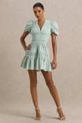 Laurelle | Green Extreme Plunge-Neck Mini Dress With Ruffled Detailing