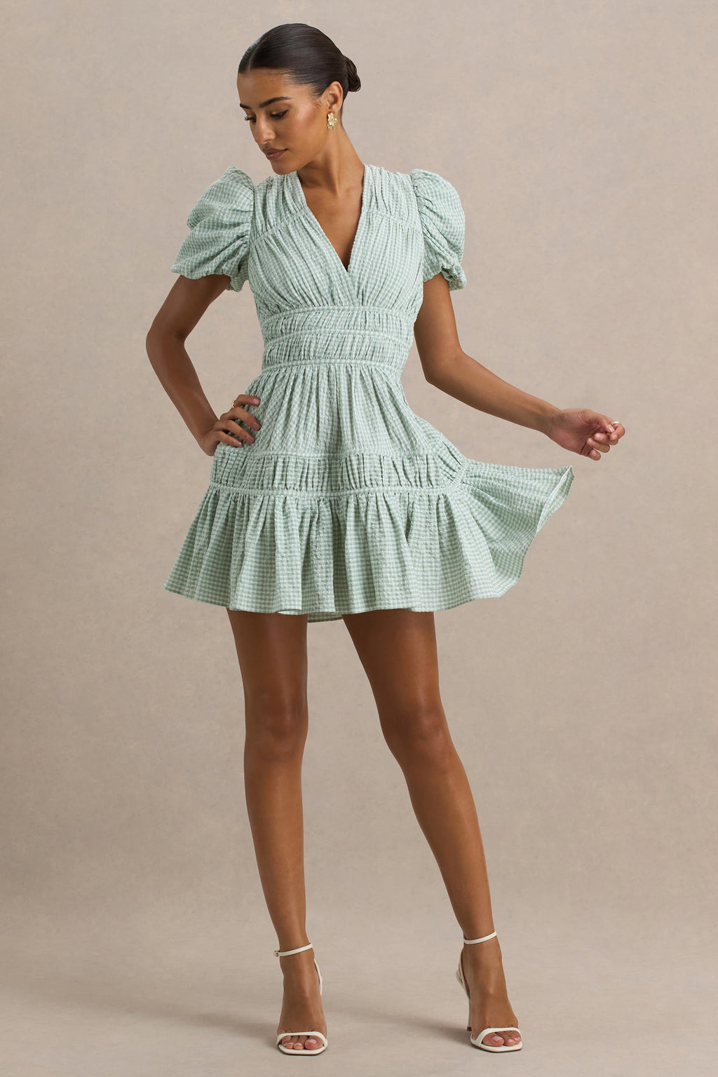 Laurelle | Green Extreme Plunge-Neck Mini Dress With Ruffled Detailing