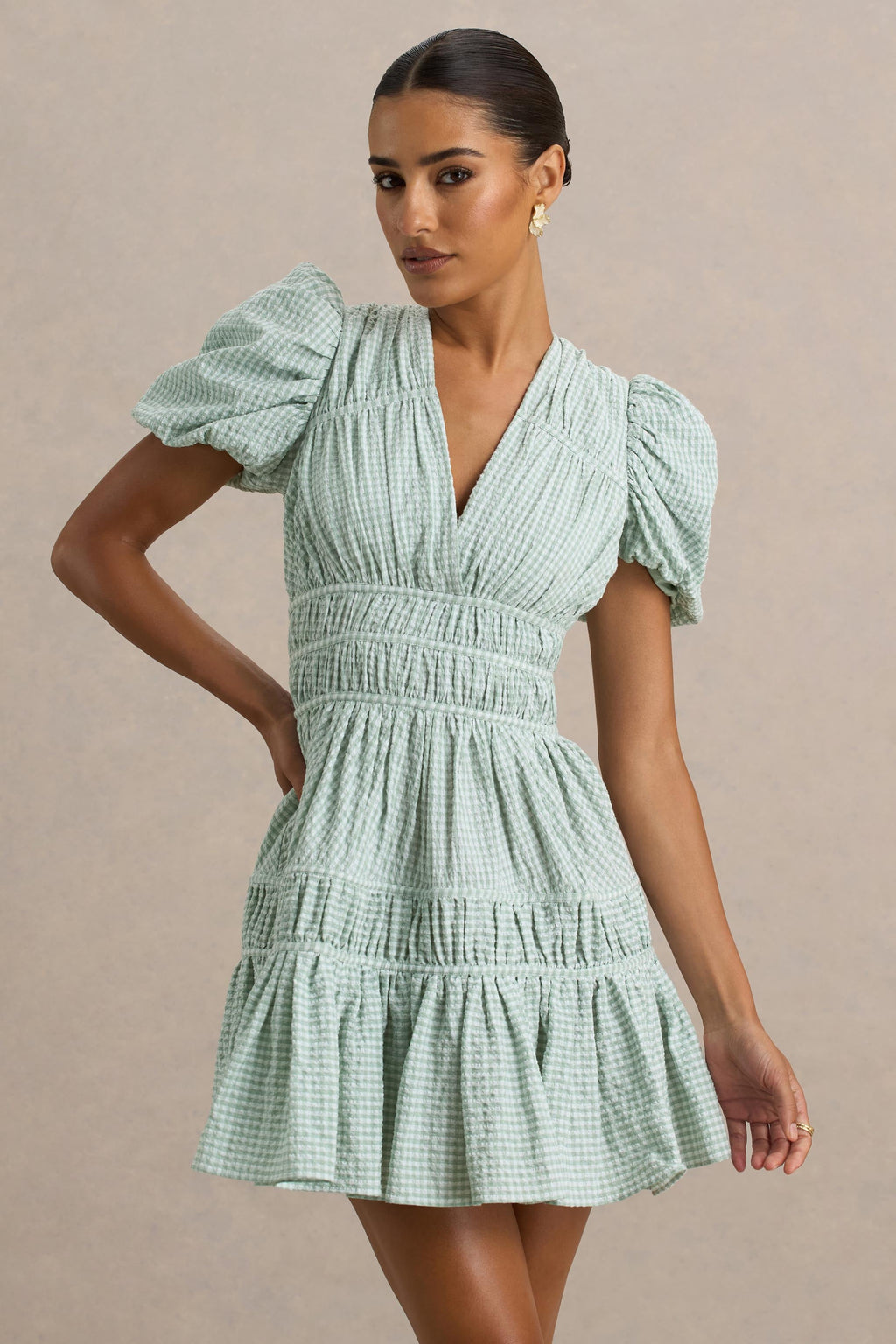 Laurelle | Green Extreme Plunge-Neck Mini Dress With Ruffled Detailing