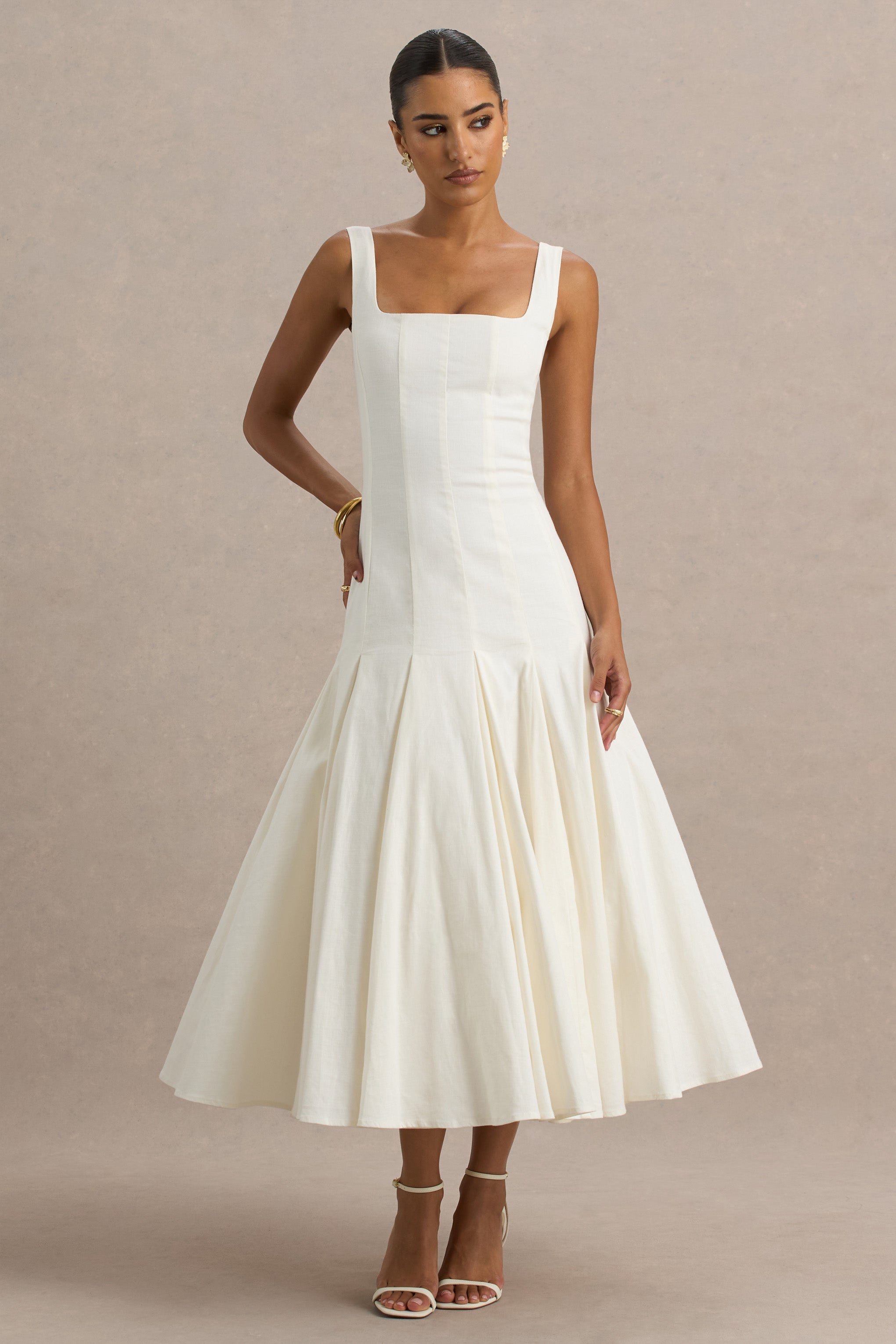 Magnolia | White Scoop-Neck Midi Dress With Drop-Waist And Ruffling Detail
